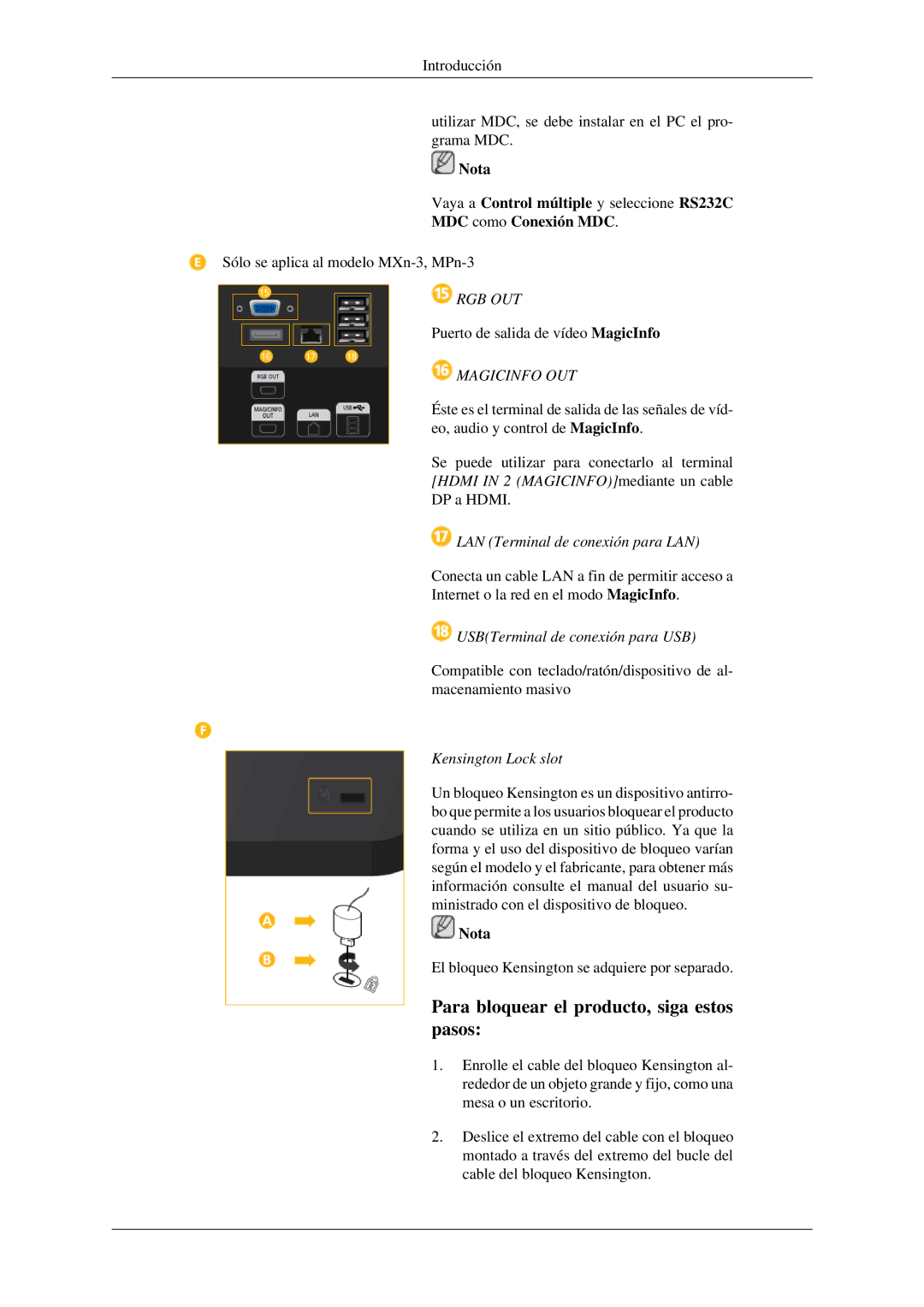 Samsung LH32HBPLBC/EN manual LAN Terminal de conexión para LAN, USBTerminal de conexión para USB, Kensington Lock slot 