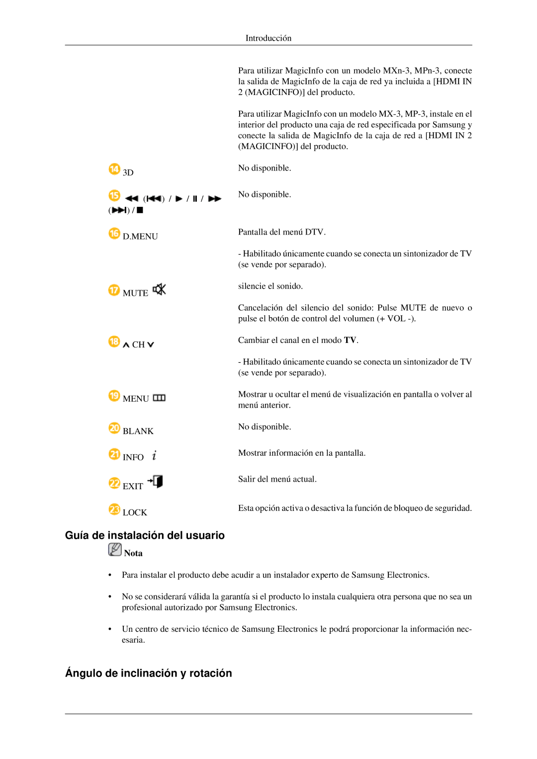 Samsung LH32HBTLBC/EN, LH32HBPLBC/EN, LH32HBSLBC/EN manual Guía de instalación del usuario, Ángulo de inclinación y rotación 