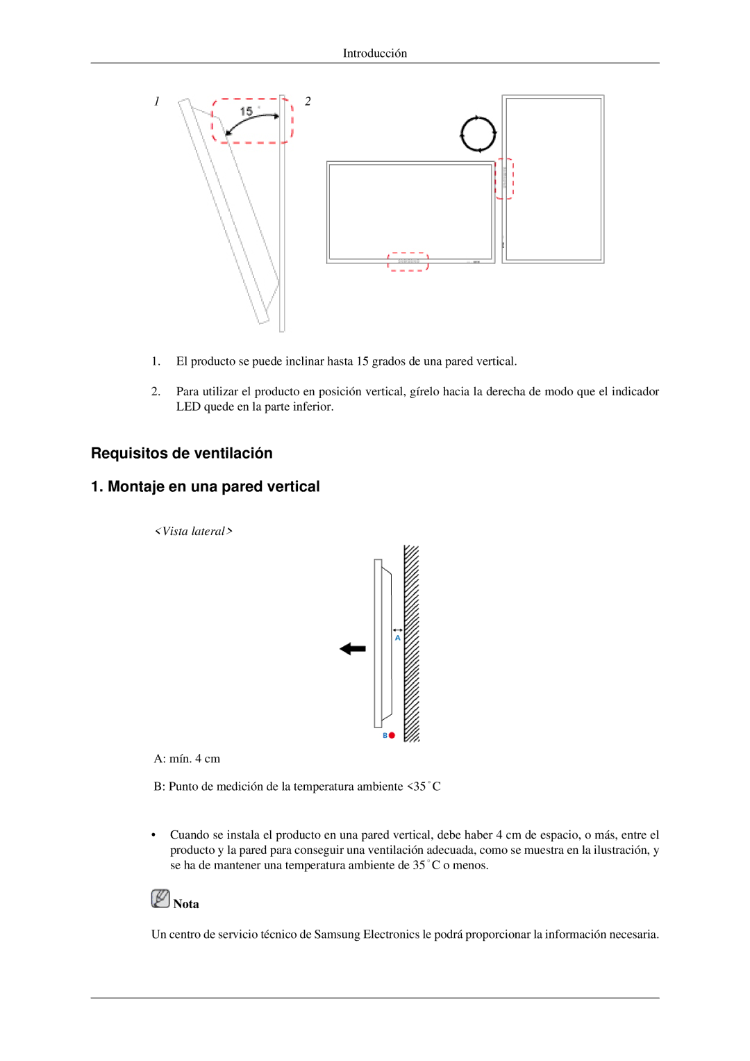 Samsung LH32HBPLBC/EN, LH32HBTLBC/EN, LH32HBSLBC/EN Requisitos de ventilación Montaje en una pared vertical, Vista lateral 