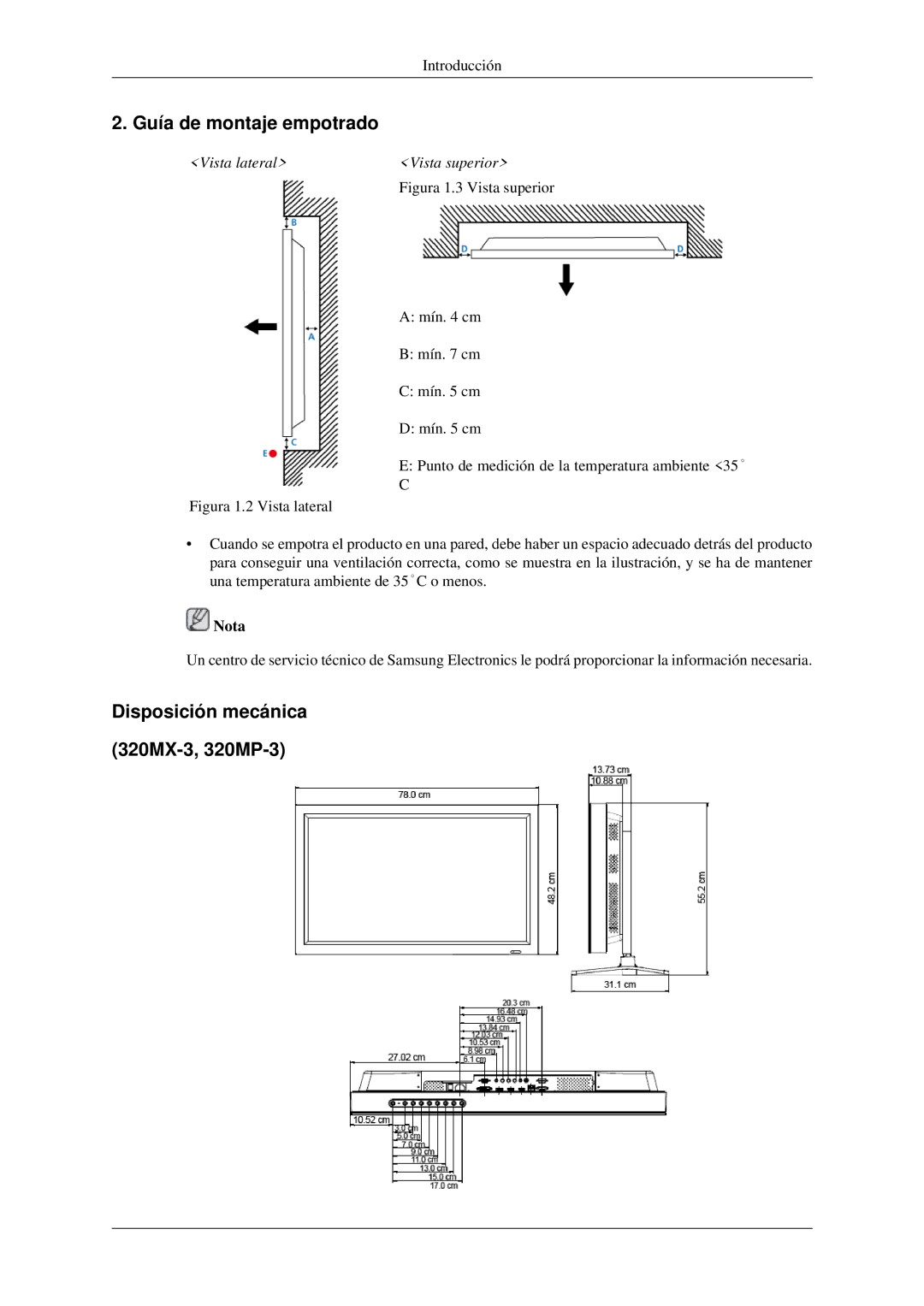 Samsung LH32HBSLBC/EN manual Guía de montaje empotrado, Disposición mecánica 320MX-3, 320MP-3, Vista lateral Vista superior 