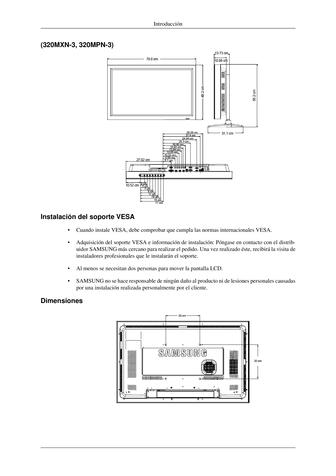 Samsung LH32HBPMBC/EN, LH32HBTLBC/EN, LH32HBPLBC/EN manual 320MXN-3, 320MPN-3 Instalación del soporte Vesa, Dimensiones 