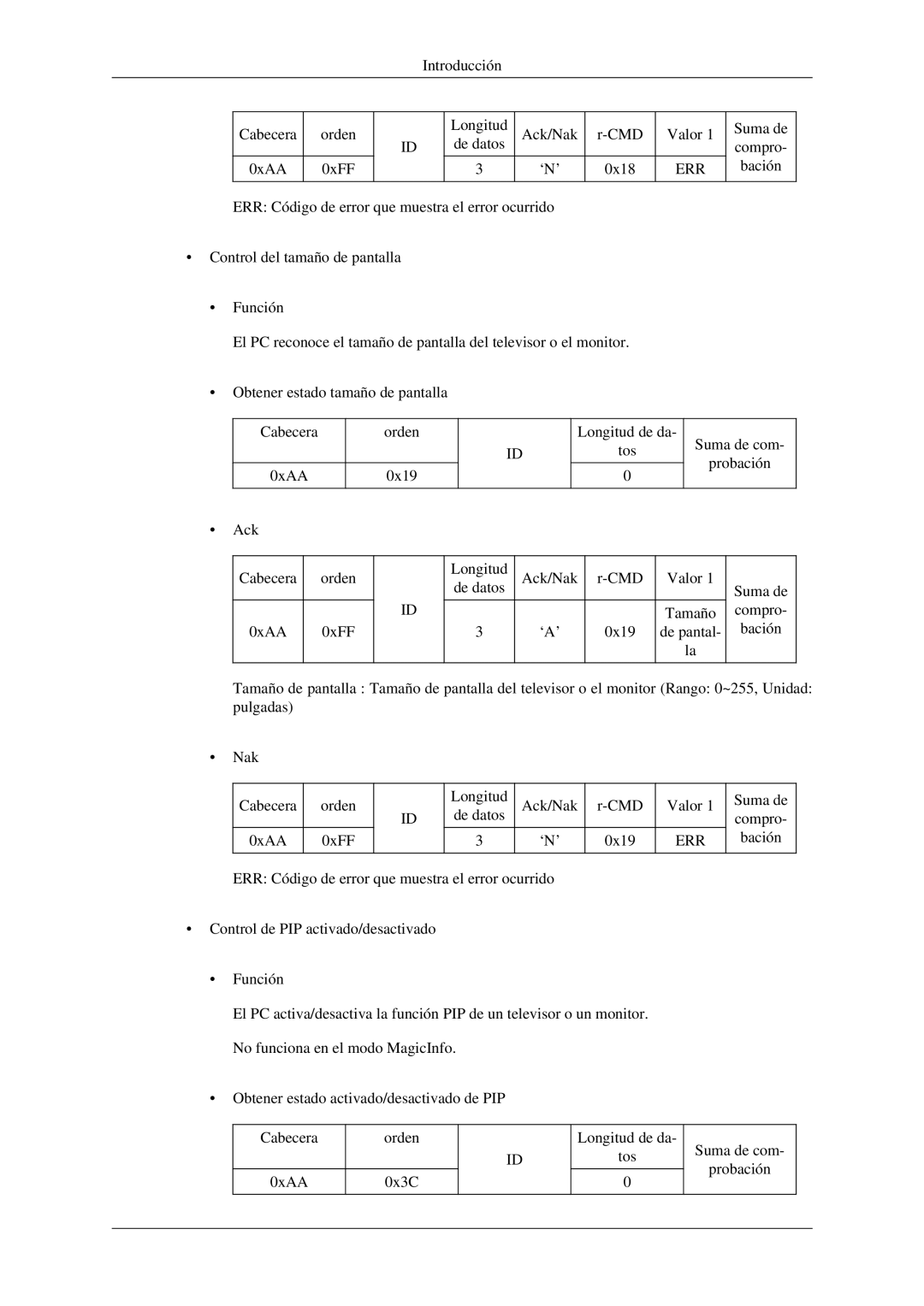 Samsung LH32HBPLBC/EN, LH32HBTLBC/EN, LH32HBSLBC/EN, LH32HBPMBC/EN manual Introducción Cabecera 0xAA Orden 0xFF 