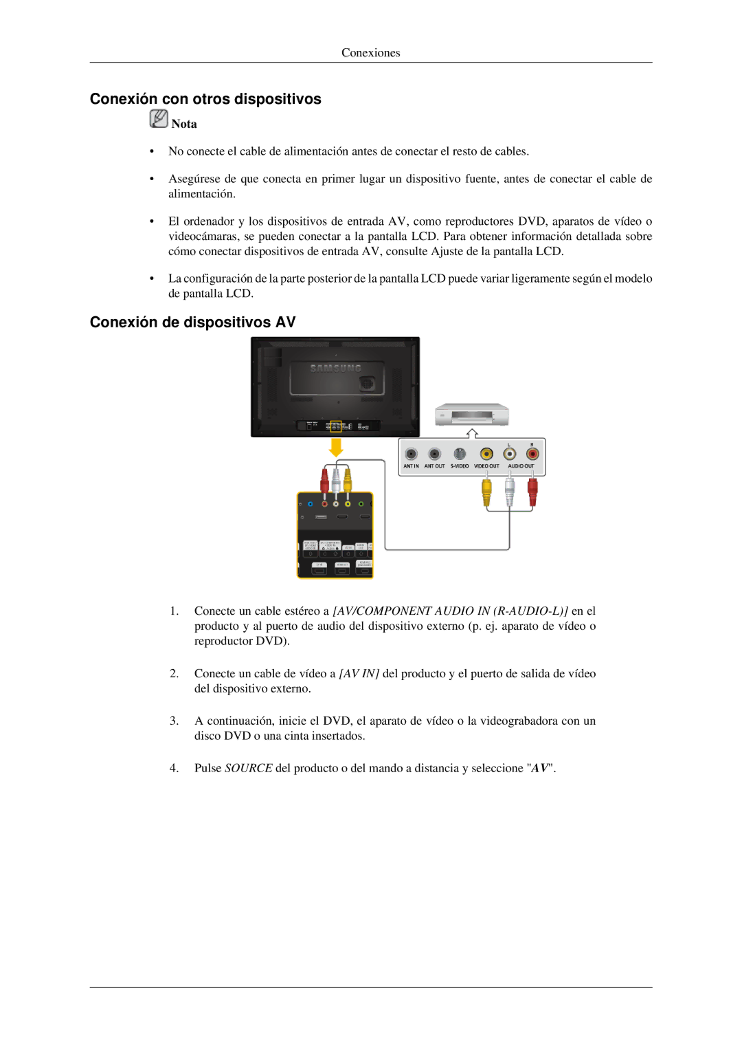 Samsung LH32HBTLBC/EN, LH32HBPLBC/EN, LH32HBSLBC/EN manual Conexión con otros dispositivos, Conexión de dispositivos AV 