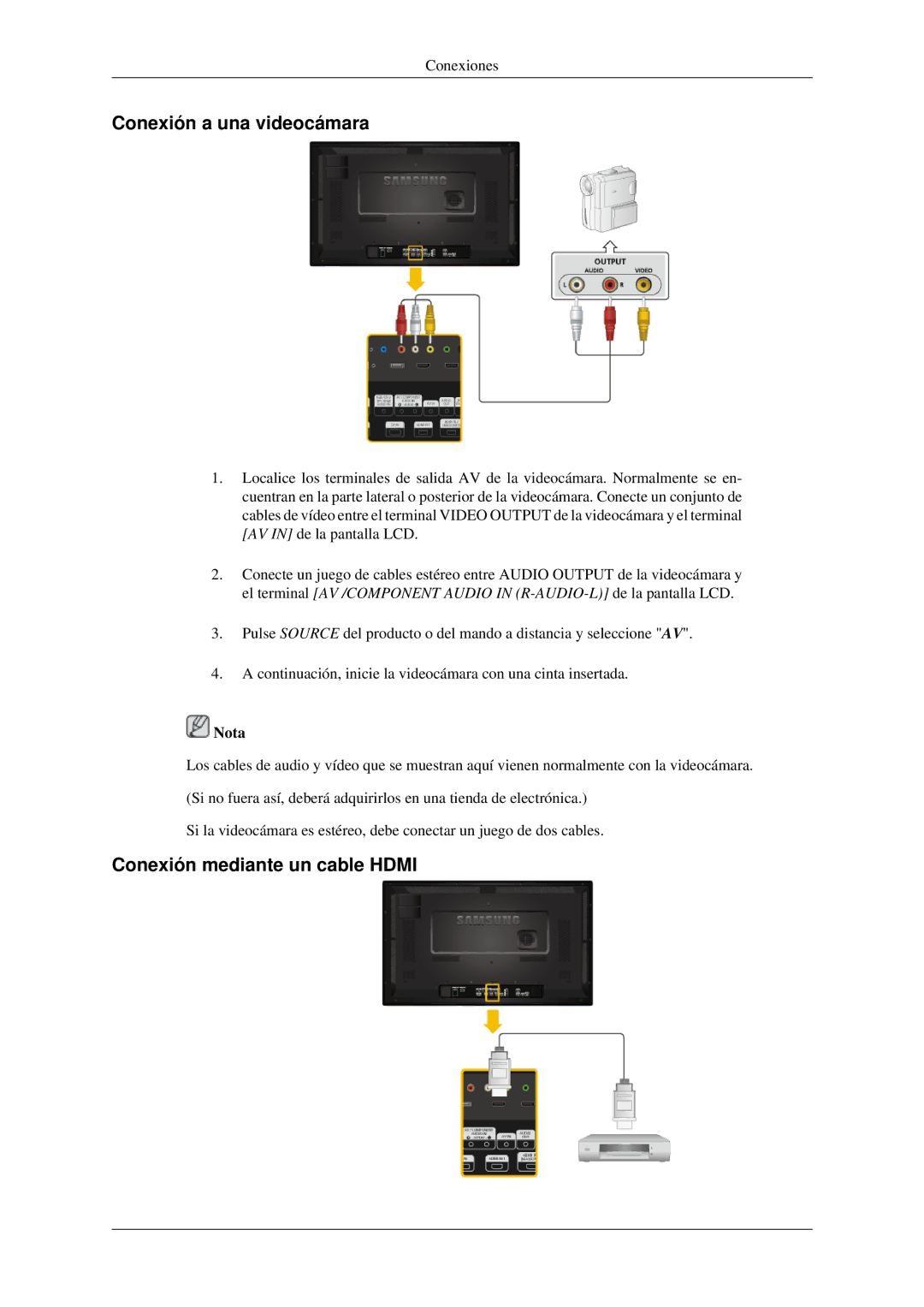 Samsung LH32HBPLBC/EN, LH32HBTLBC/EN, LH32HBSLBC/EN manual Conexión a una videocámara, Conexión mediante un cable Hdmi 