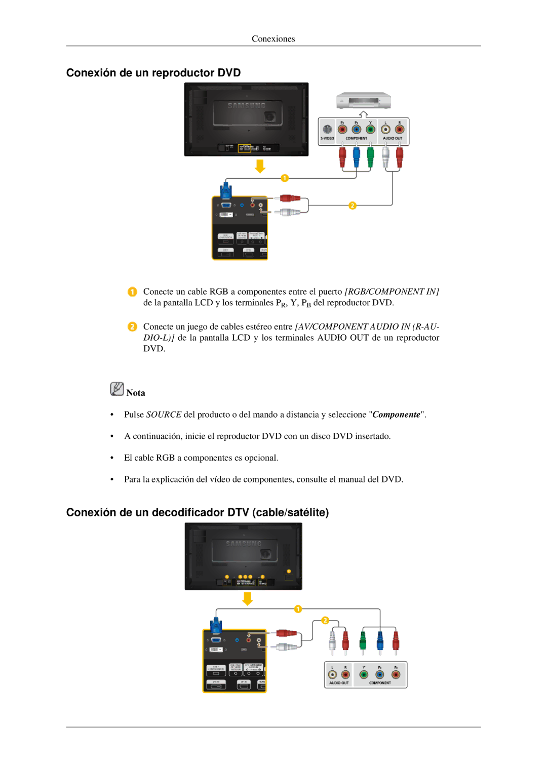 Samsung LH32HBPMBC/EN, LH32HBTLBC/EN manual Conexión de un reproductor DVD, Conexión de un decodificador DTV cable/satélite 