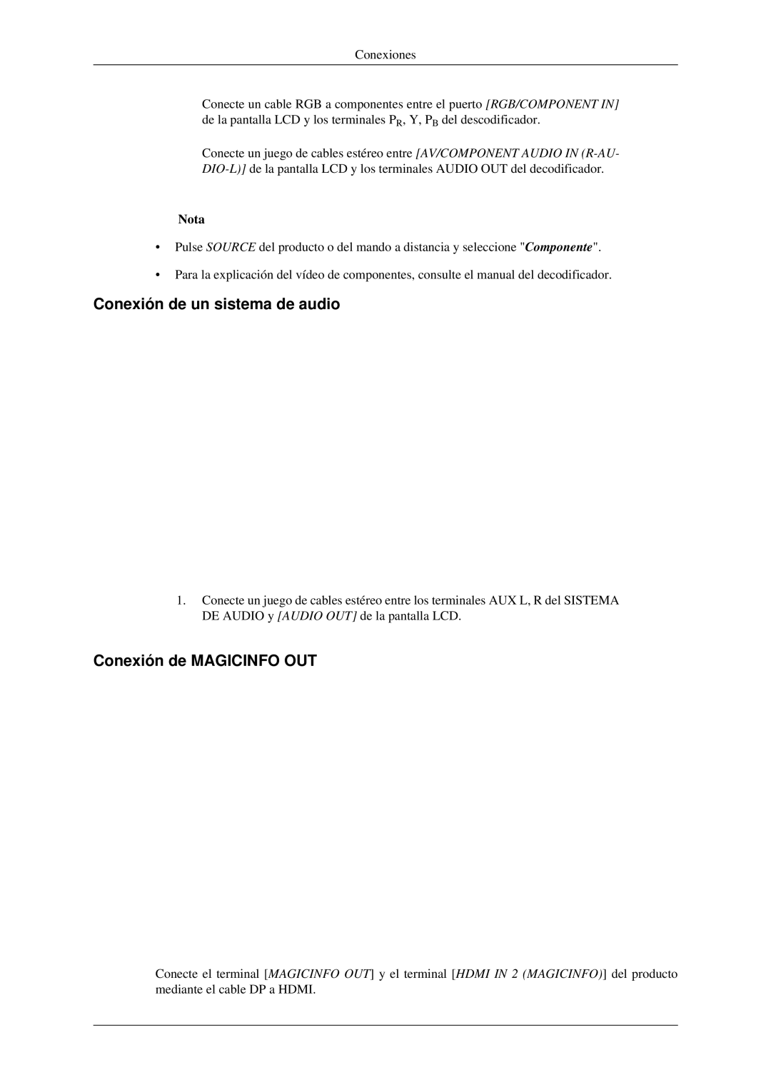 Samsung LH32HBTLBC/EN, LH32HBPLBC/EN, LH32HBSLBC/EN manual Conexión de un sistema de audio, Conexión de Magicinfo OUT 