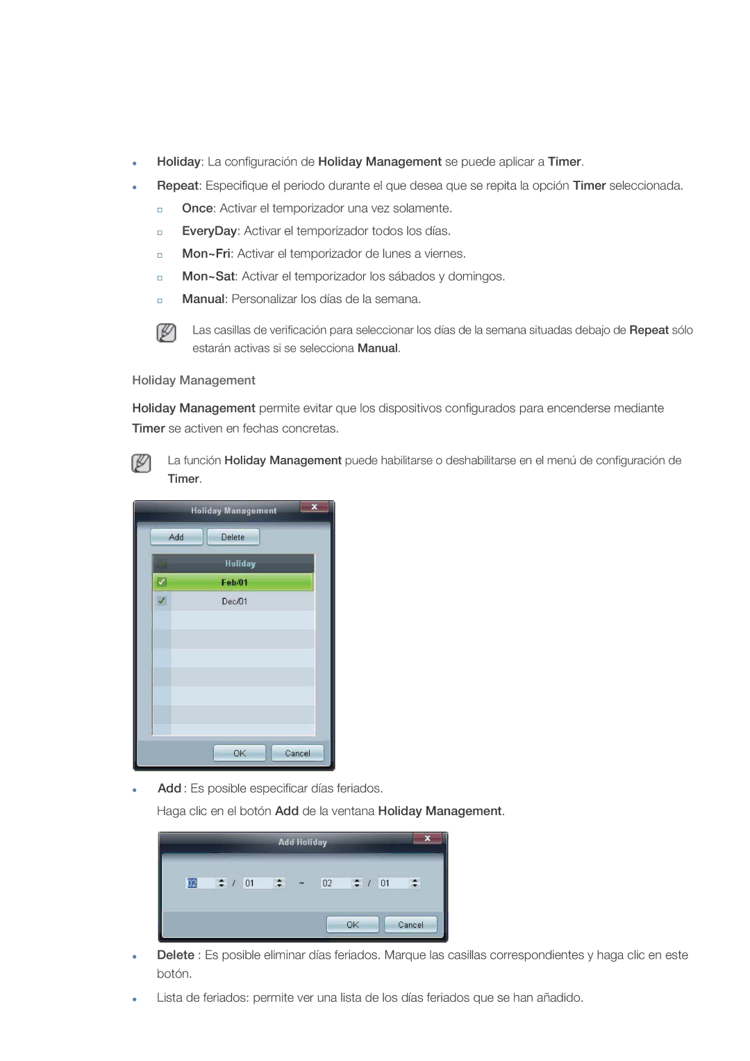 Samsung LH32HBPLBC/EN, LH32HBTLBC/EN, LH32HBSLBC/EN, LH32HBPMBC/EN manual Holiday Management 