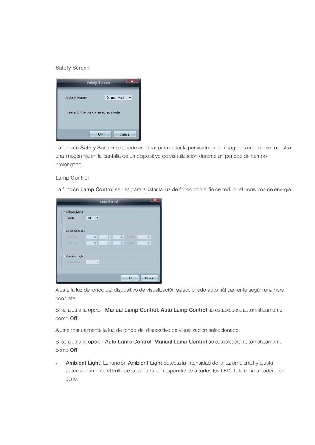 Samsung LH32HBPMBC/EN, LH32HBTLBC/EN, LH32HBPLBC/EN, LH32HBSLBC/EN manual Safety Screen, Lamp Control 