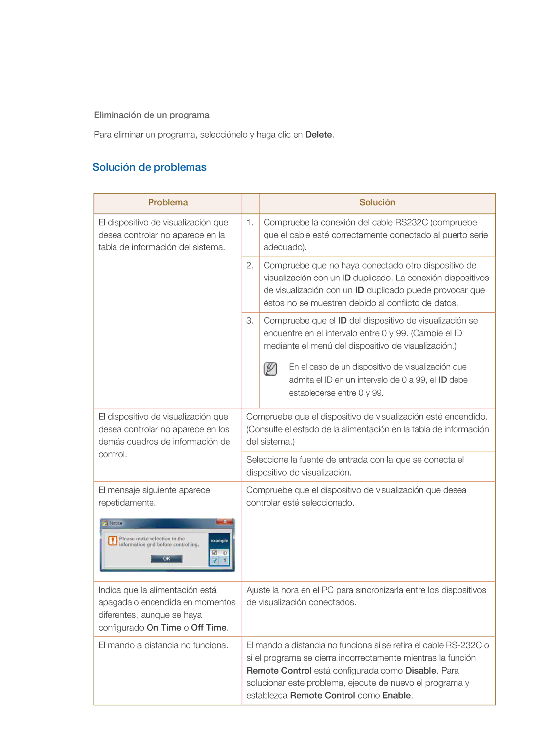 Samsung LH32HBSLBC/EN, LH32HBTLBC/EN, LH32HBPLBC/EN, LH32HBPMBC/EN manual Solución de problemas, Eliminación de un programa 