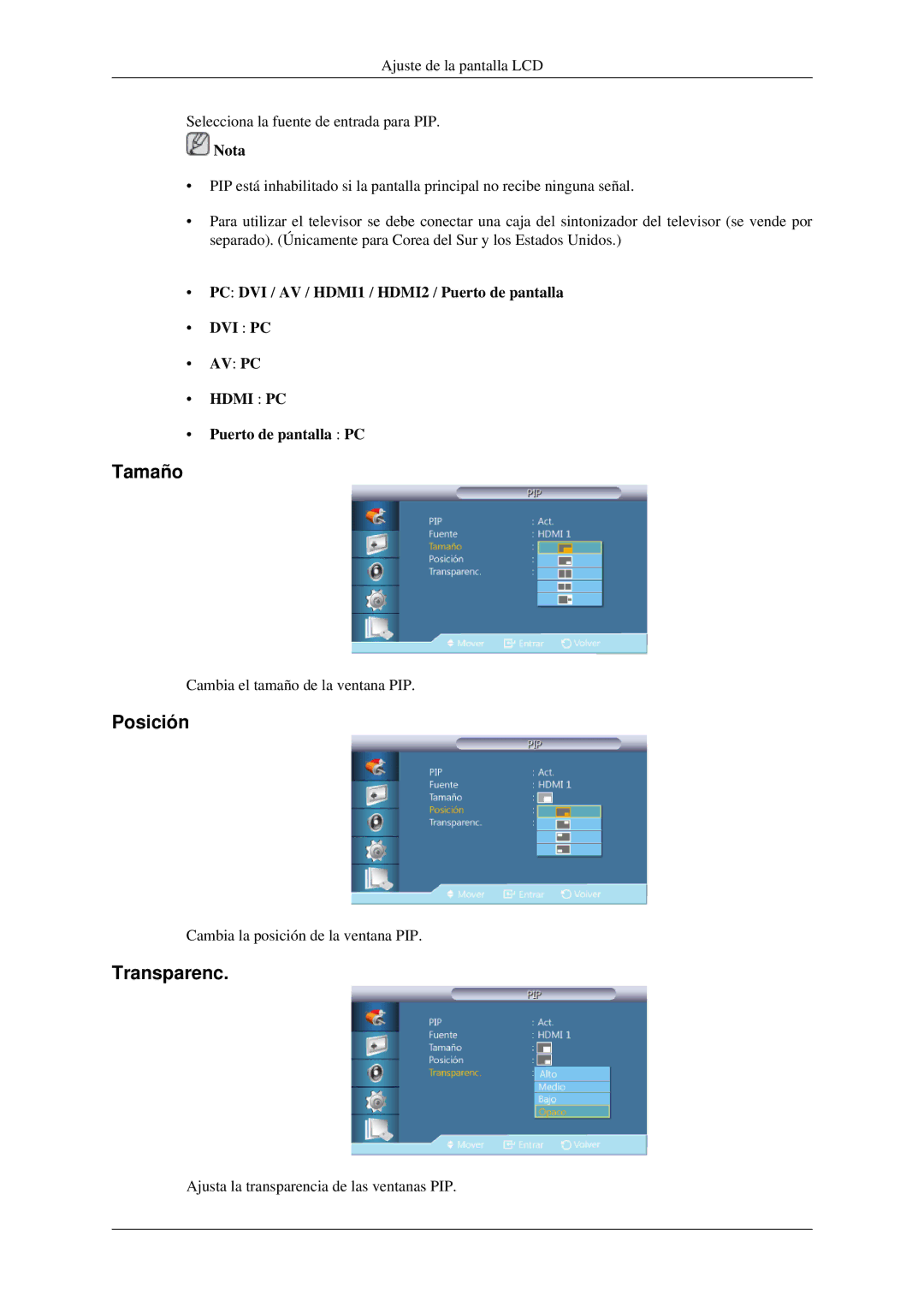 Samsung LH32HBSLBC/EN, LH32HBTLBC/EN, LH32HBPLBC/EN, LH32HBPMBC/EN manual Tamaño, Posición, Transparenc, Puerto de pantalla PC 