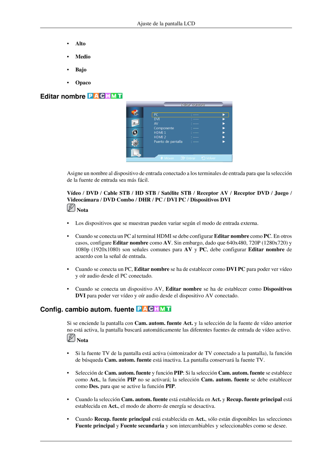 Samsung LH32HBPMBC/EN, LH32HBTLBC/EN, LH32HBPLBC/EN manual Editar nombre, Config. cambio autom. fuente, Alto Medio Bajo Opaco 