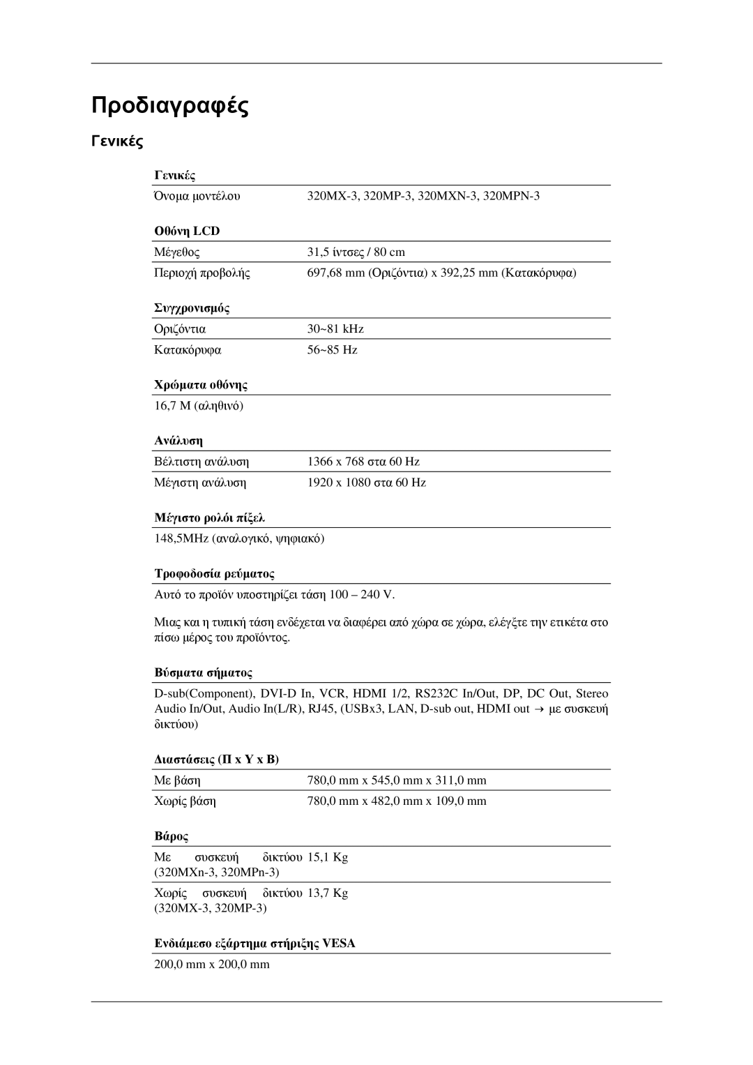 Samsung LH32HBPLBC/EN, LH32HBTLBC/EN, LH32HBSLBC/EN, LH32HBPPBC/EN manual Γενικές 