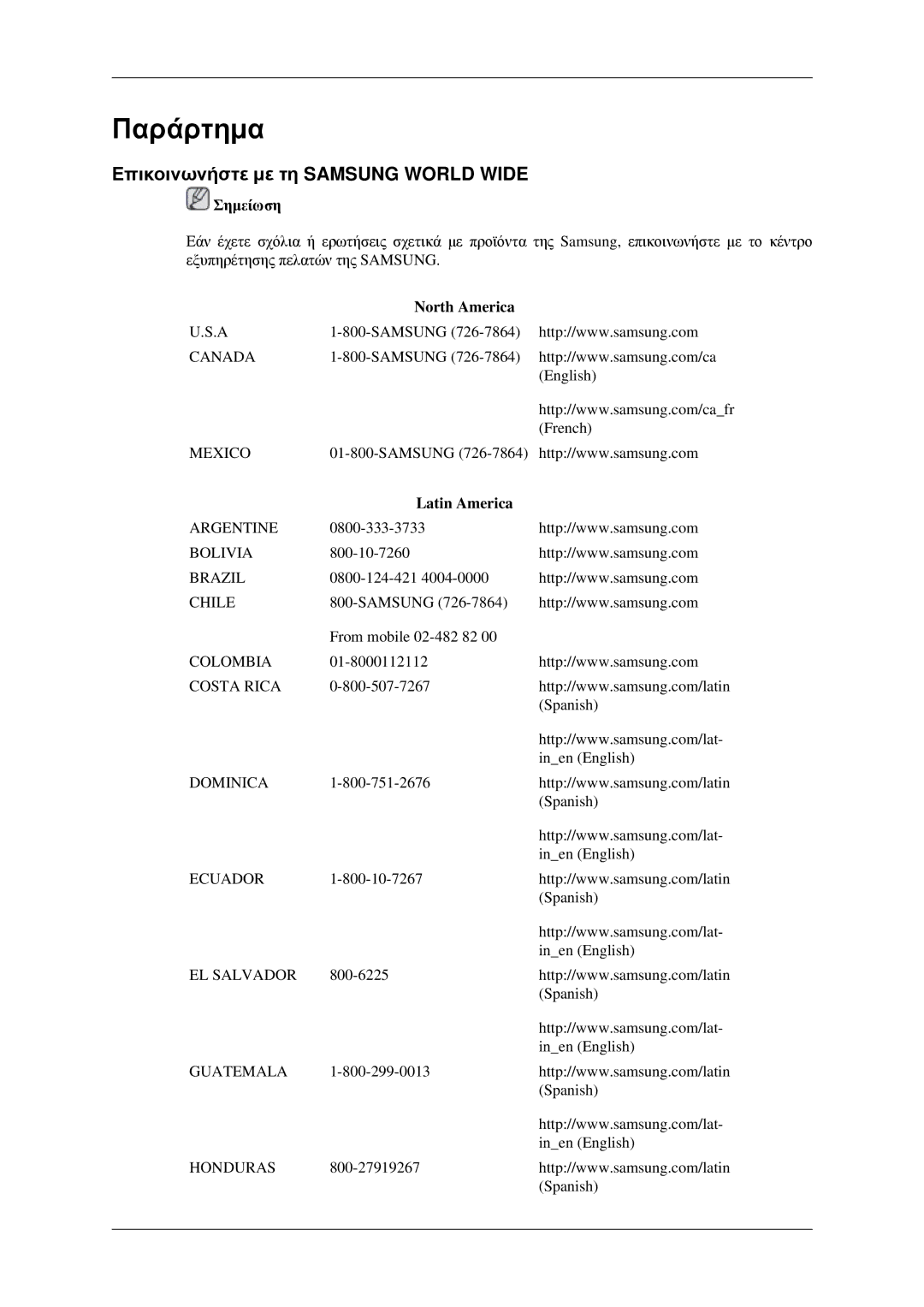 Samsung LH32HBPLBC/EN, LH32HBTLBC/EN, LH32HBSLBC/EN Επικοινωνήστε με τη Samsung World Wide, North America, Latin America 