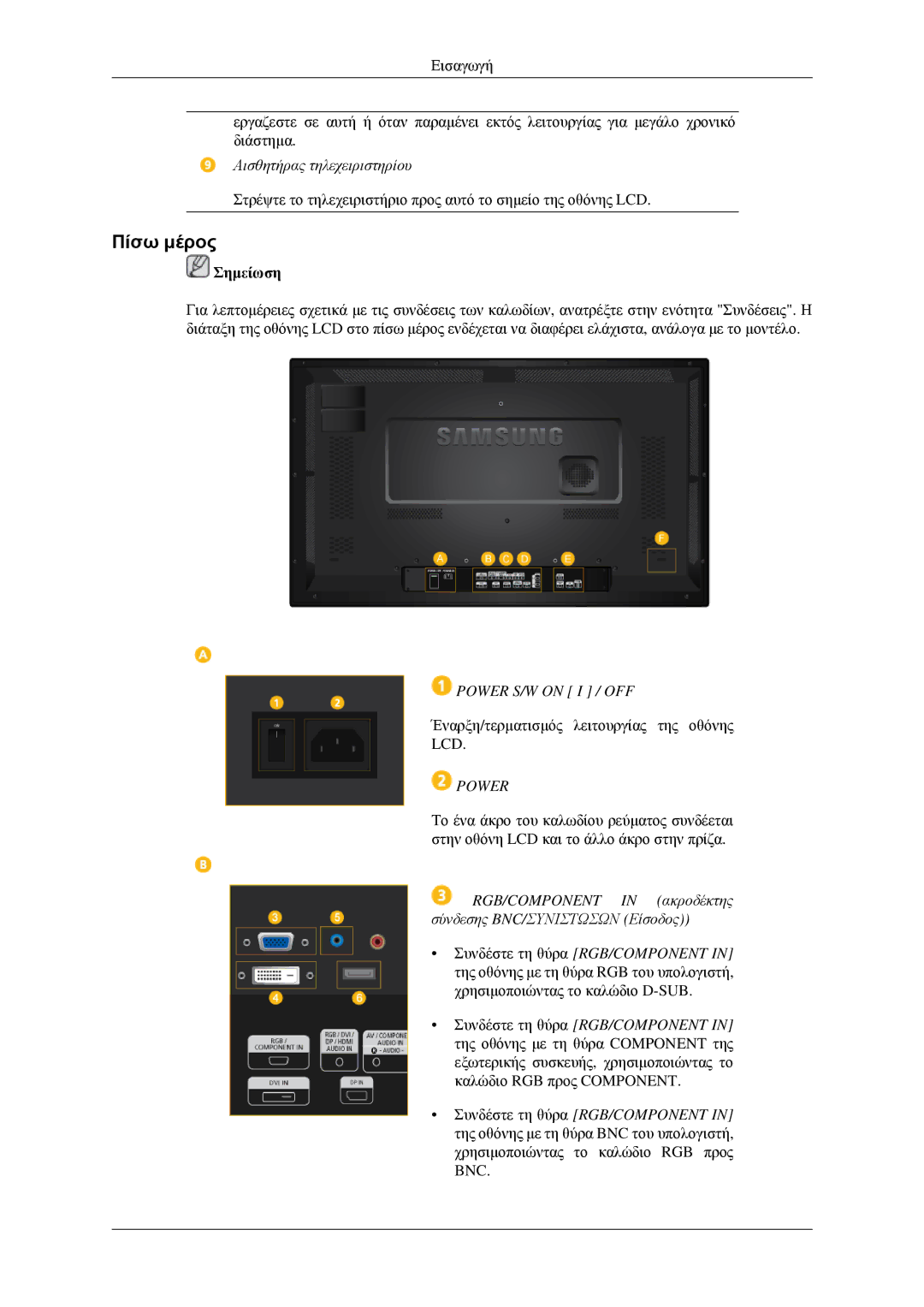 Samsung LH32HBPPBC/EN, LH32HBTLBC/EN, LH32HBPLBC/EN manual Πίσω μέρος, Αισθητήρας τηλεχειριστηρίου, Power S/W on I / OFF 