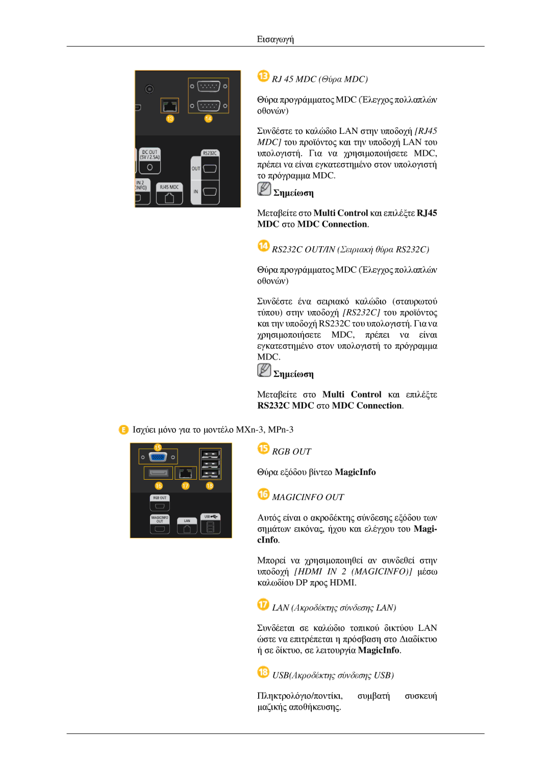 Samsung LH32HBSLBC/EN, LH32HBTLBC/EN RJ 45 MDC Θύρα MDC, RS232C OUT/IN Σειριακή θύρα RS232C, LAN Ακροδέκτης σύνδεσης LAN 