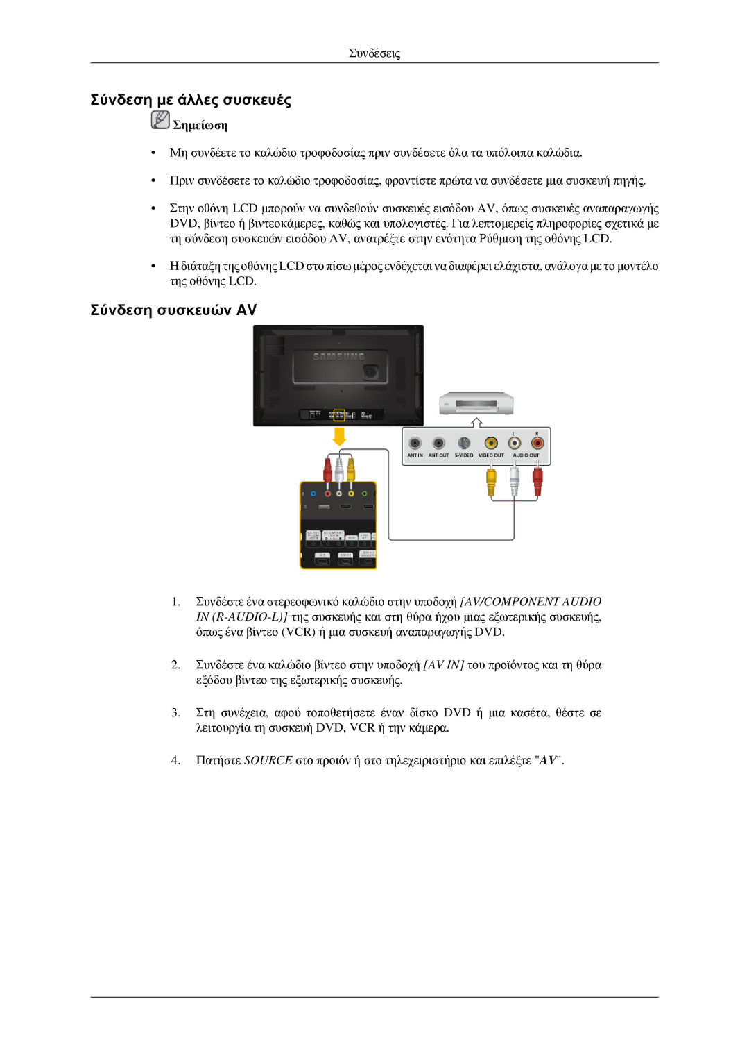 Samsung LH32HBSLBC/EN, LH32HBTLBC/EN, LH32HBPLBC/EN, LH32HBPPBC/EN manual Σύνδεση με άλλες συσκευές, Σύνδεση συσκευών AV 