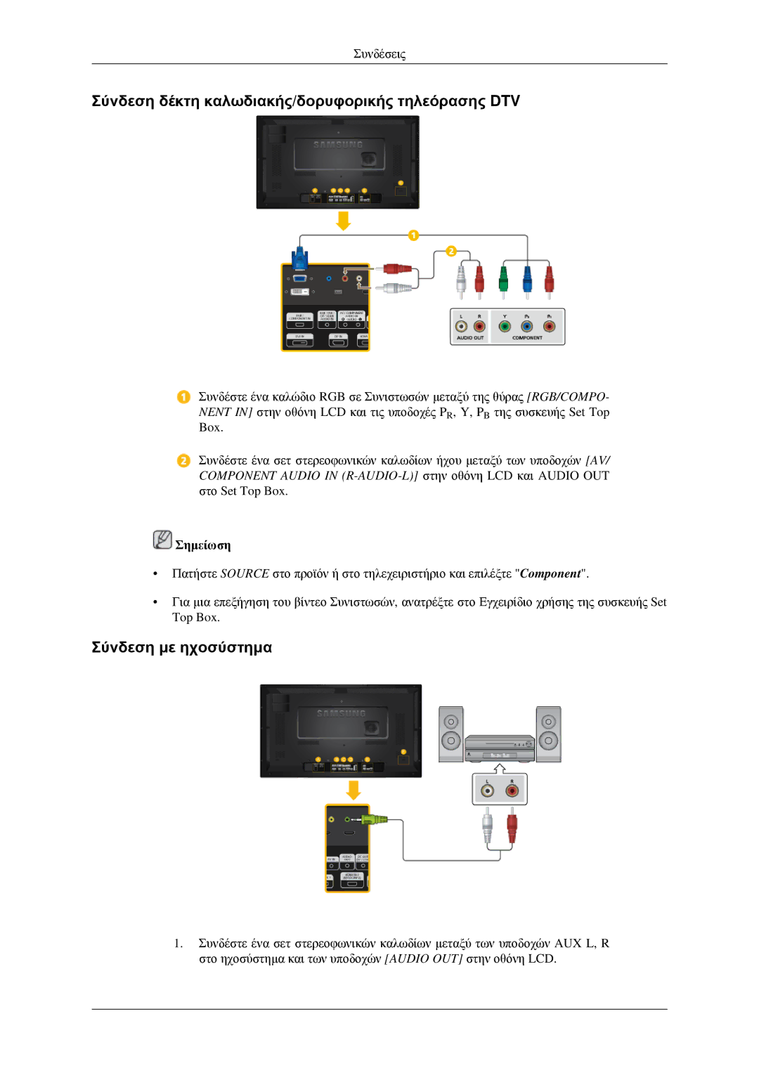 Samsung LH32HBSLBC/EN, LH32HBTLBC/EN manual Σύνδεση δέκτη καλωδιακής/δορυφορικής τηλεόρασης DTV, Σύνδεση με ηχοσύστημα 