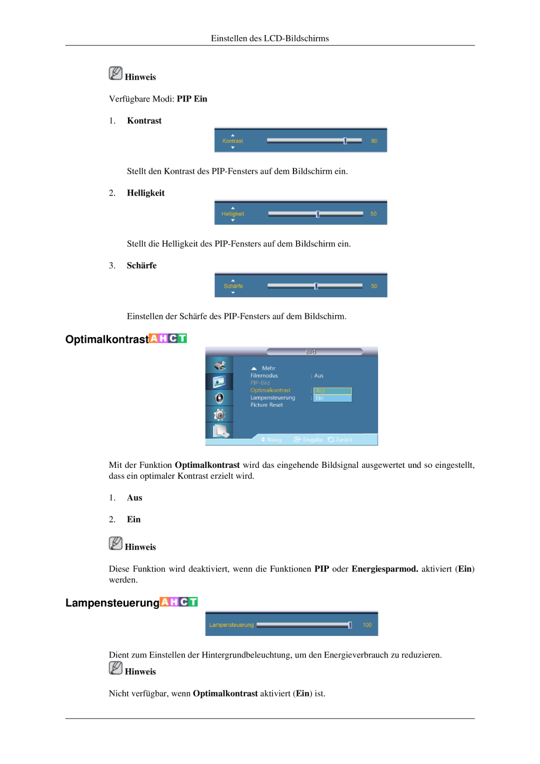 Samsung LH32HBSLBC/EN, LH32HBTLBC/EN, LH32HBPLBC/EN manual Kontrast, Aus Ein Hinweis 