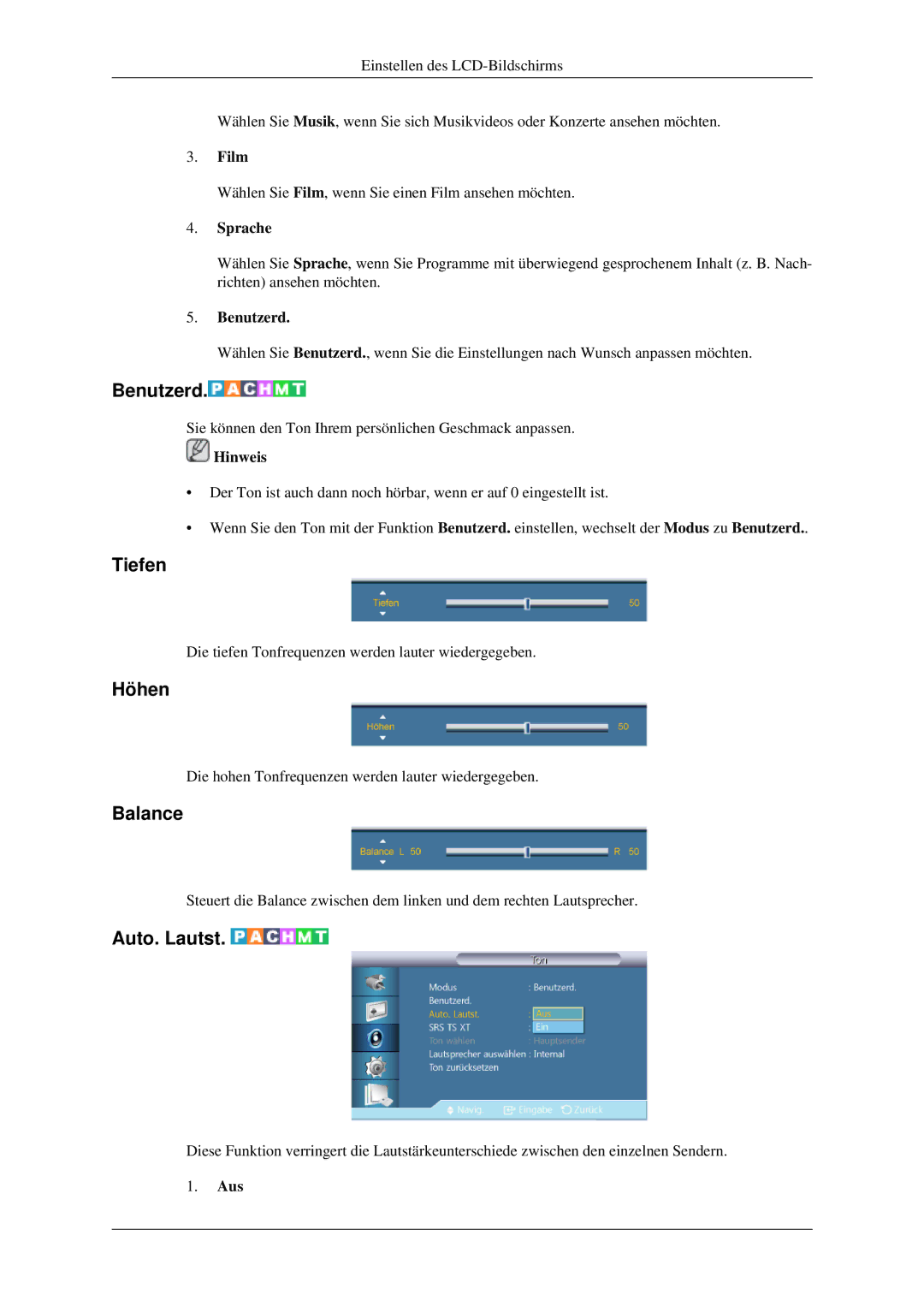 Samsung LH32HBPLBC/EN, LH32HBTLBC/EN, LH32HBSLBC/EN manual Tiefen, Höhen, Balance, Auto. Lautst, Sprache 