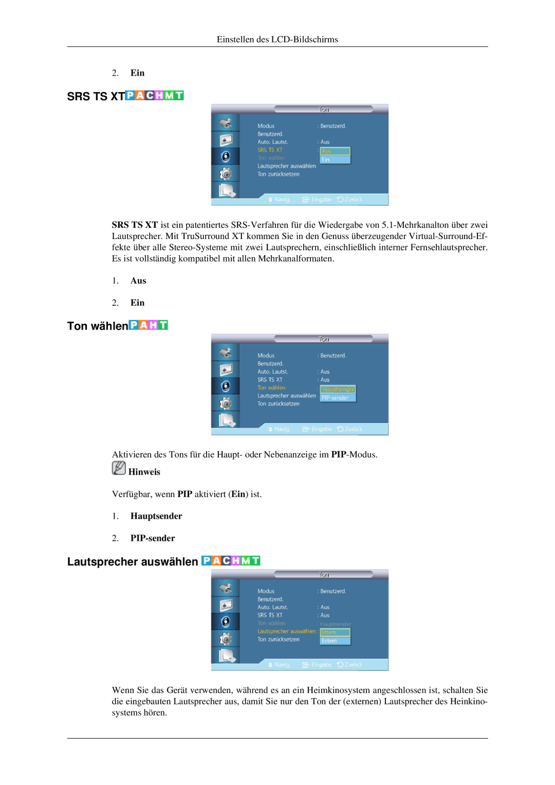 Samsung LH32HBSLBC/EN, LH32HBTLBC/EN, LH32HBPLBC/EN manual Ton wählen, Lautsprecher auswählen, Hauptsender PIP-sender 