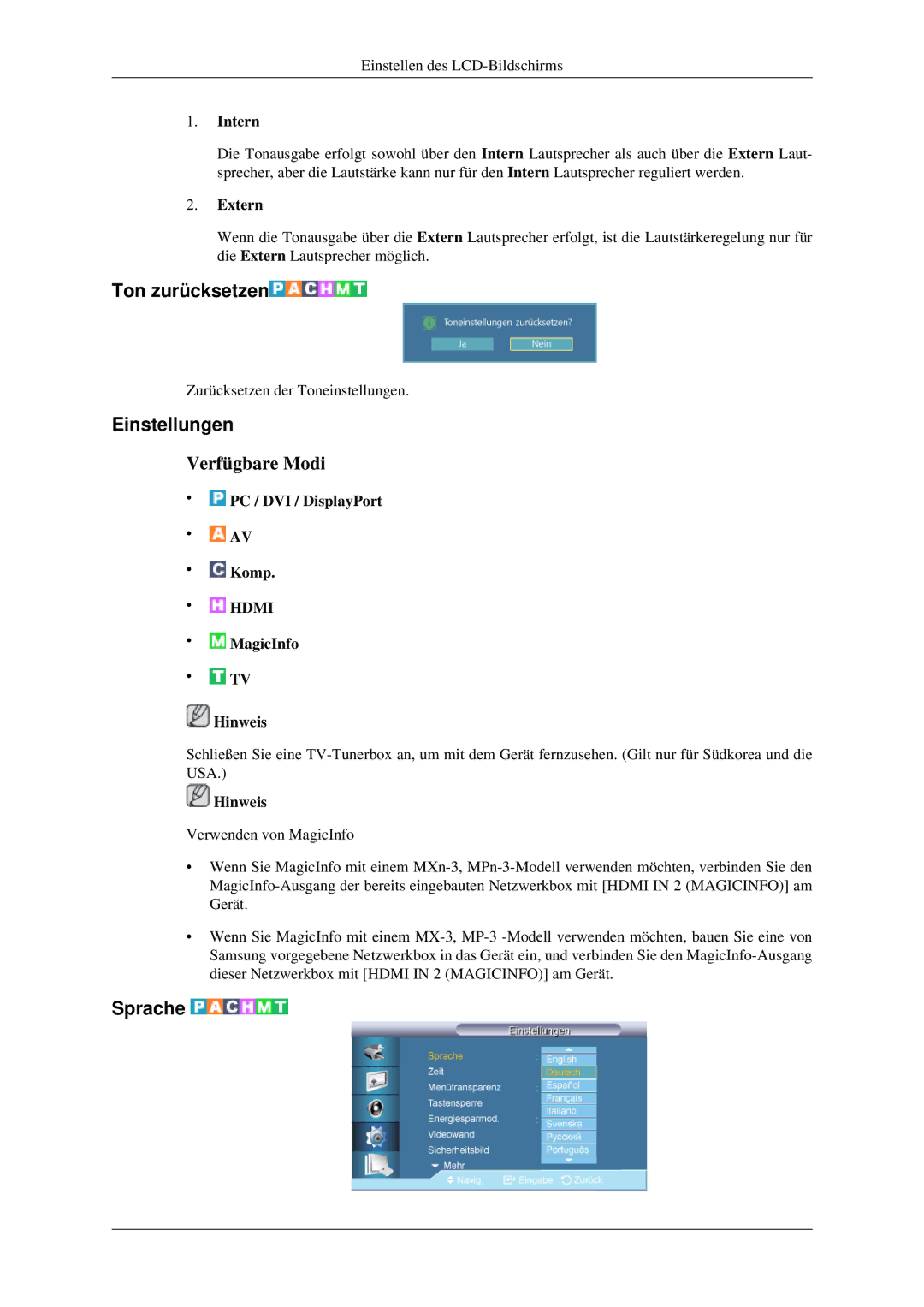 Samsung LH32HBTLBC/EN, LH32HBPLBC/EN, LH32HBSLBC/EN manual Ton zurücksetzen, Einstellungen, Sprache, Intern, Extern 