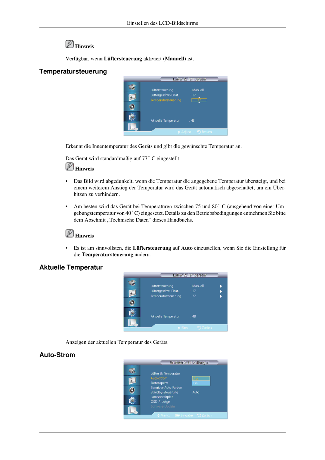 Samsung LH32HBTLBC/EN, LH32HBPLBC/EN, LH32HBSLBC/EN manual Temperatursteuerung, Aktuelle Temperatur, Auto-Strom 