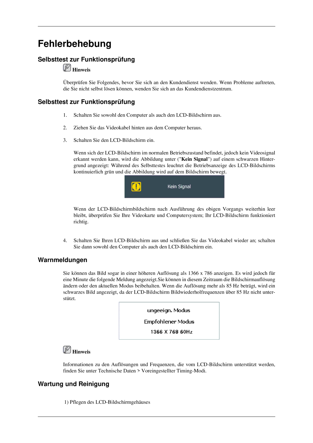 Samsung LH32HBSLBC/EN, LH32HBTLBC/EN, LH32HBPLBC/EN Selbsttest zur Funktionsprüfung, Warnmeldungen, Wartung und Reinigung 