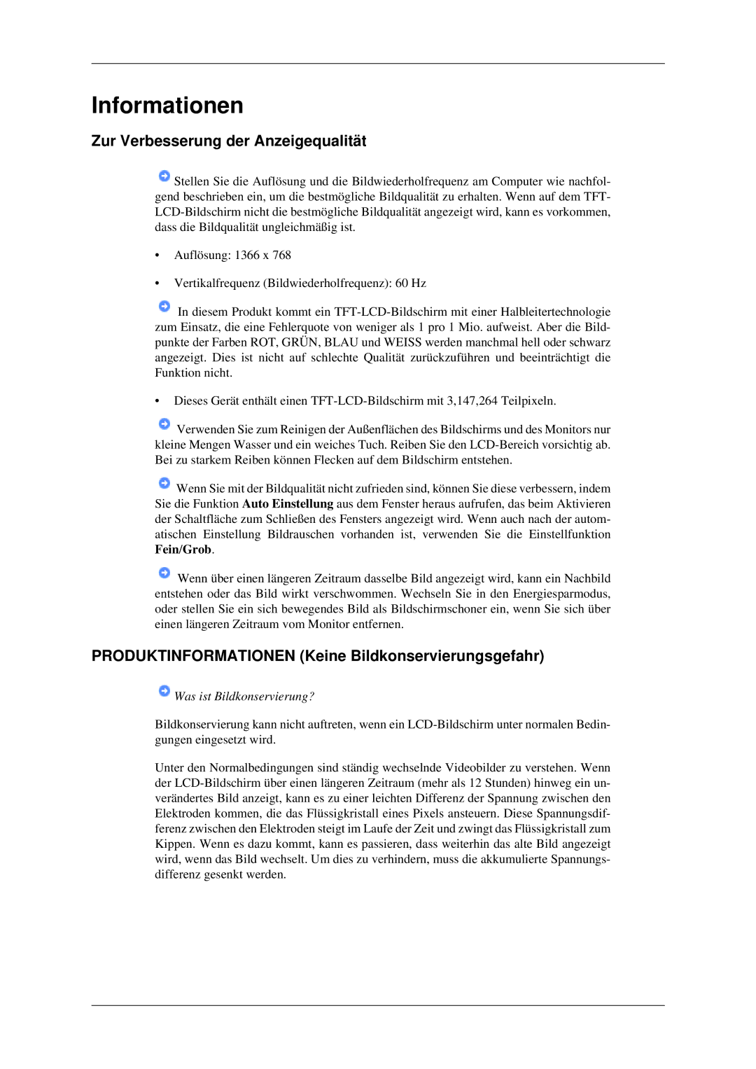 Samsung LH32HBTLBC/EN manual Zur Verbesserung der Anzeigequalität, Produktinformationen Keine Bildkonservierungsgefahr 