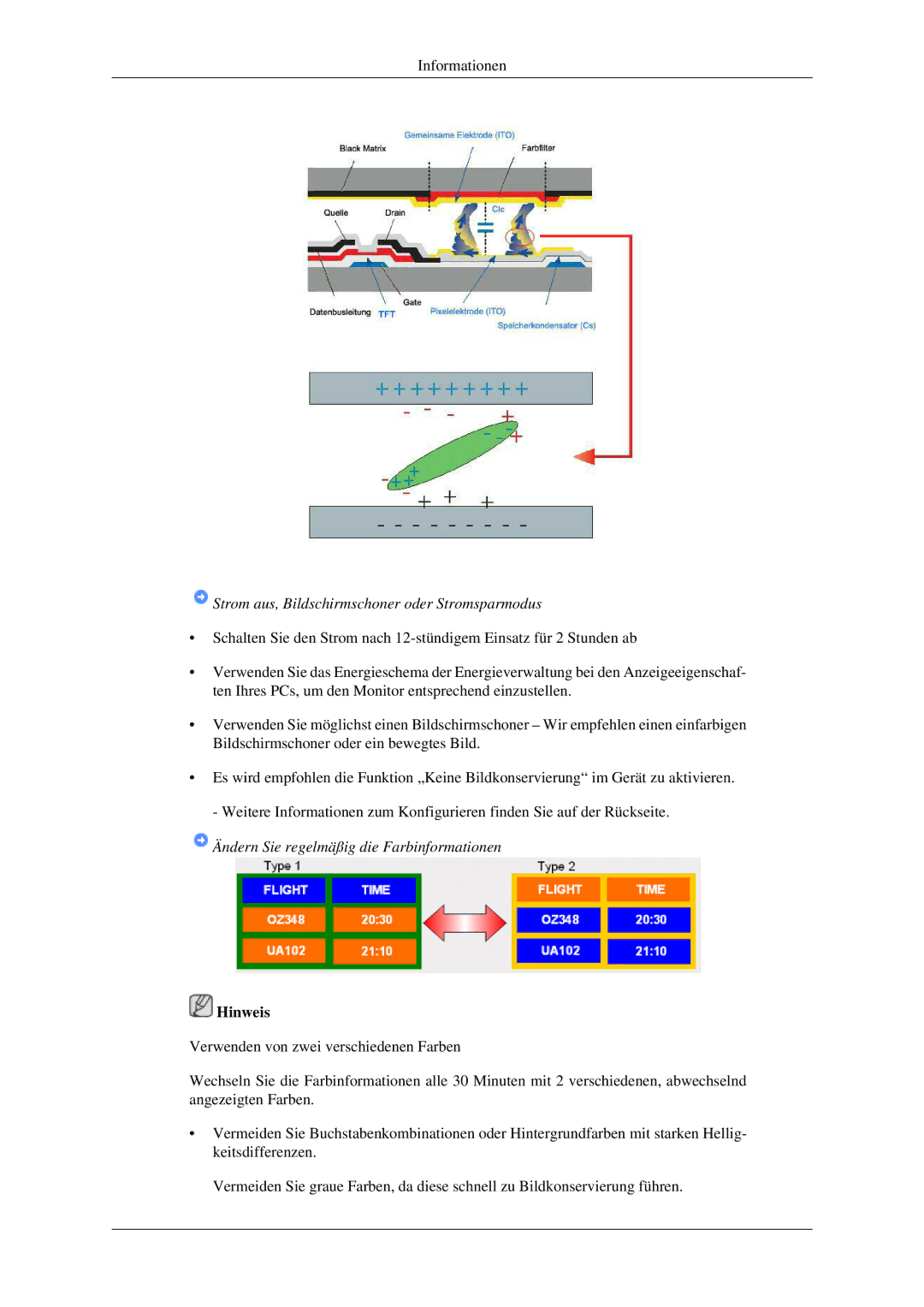 Samsung LH32HBPLBC/EN manual Strom aus, Bildschirmschoner oder Stromsparmodus, Ändern Sie regelmäßig die Farbinformationen 