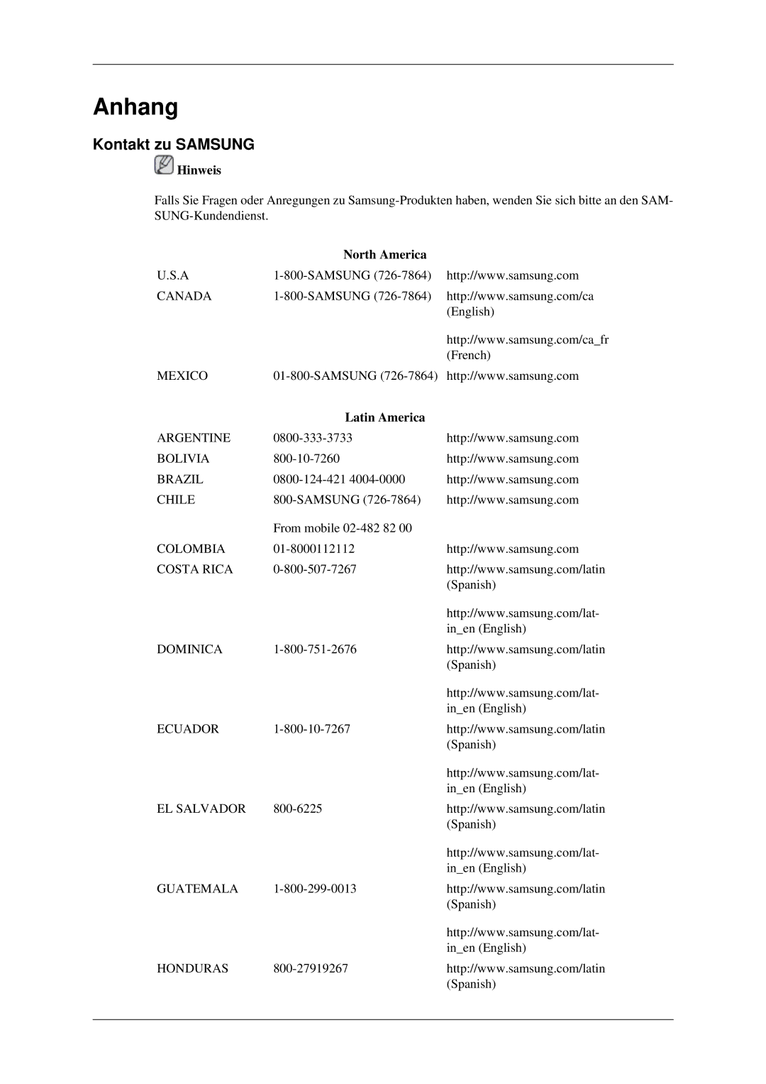 Samsung LH32HBPLBC/EN, LH32HBTLBC/EN, LH32HBSLBC/EN manual Kontakt zu Samsung, North America, Latin America 