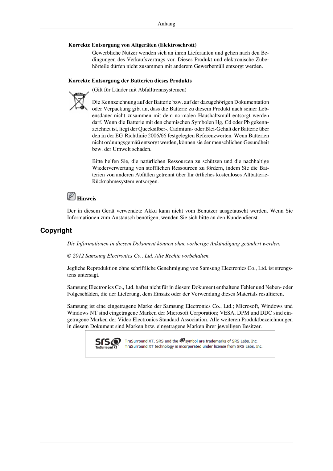 Samsung LH32HBSLBC/EN, LH32HBTLBC/EN, LH32HBPLBC/EN manual Copyright, Korrekte Entsorgung der Batterien dieses Produkts 