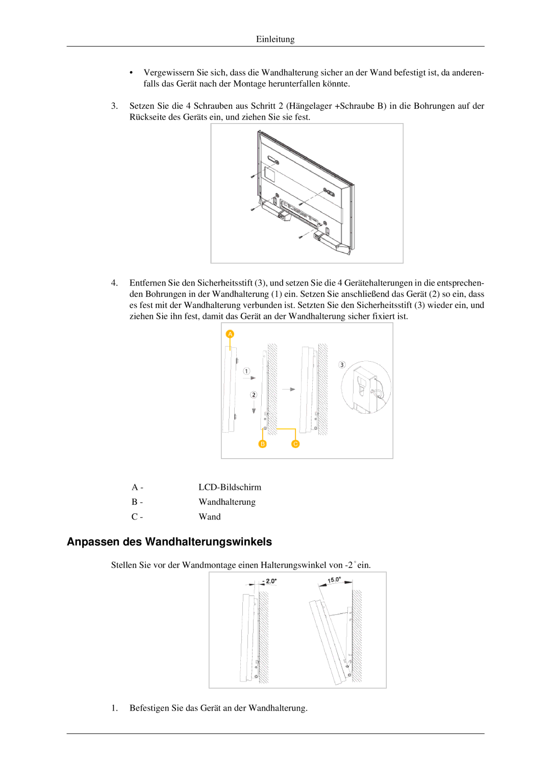 Samsung LH32HBTLBC/EN, LH32HBPLBC/EN, LH32HBSLBC/EN manual Anpassen des Wandhalterungswinkels 