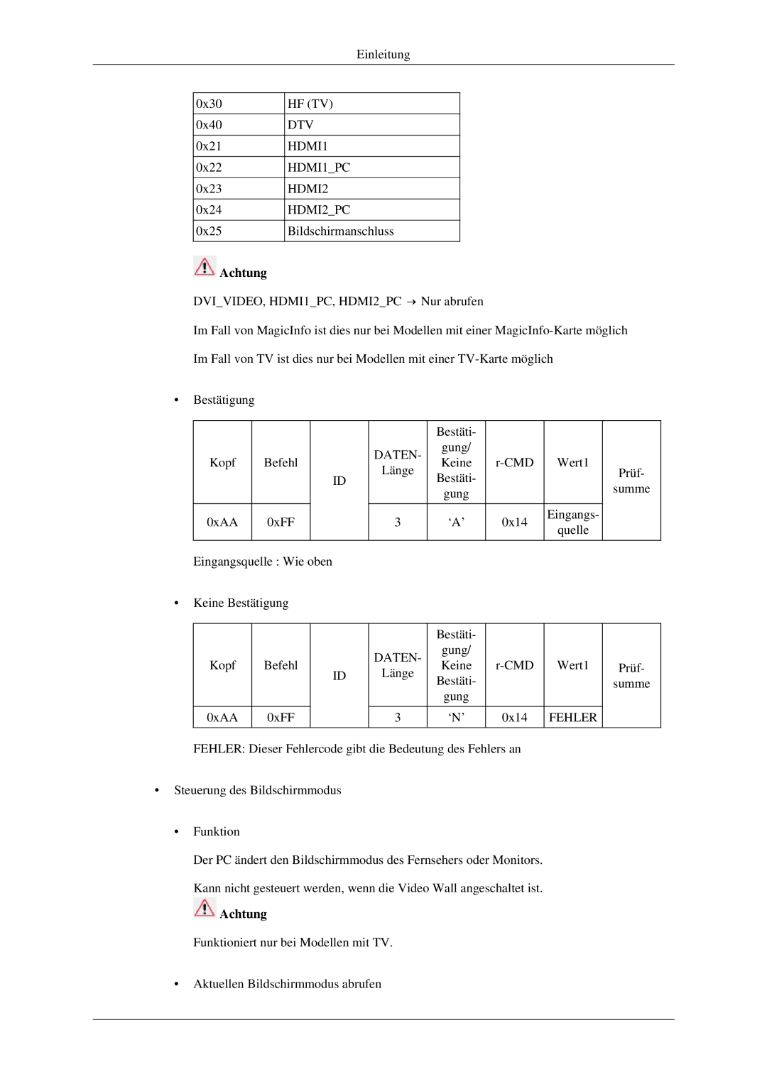 Samsung LH32HBTLBC/EN, LH32HBPLBC/EN, LH32HBSLBC/EN manual Achtung 