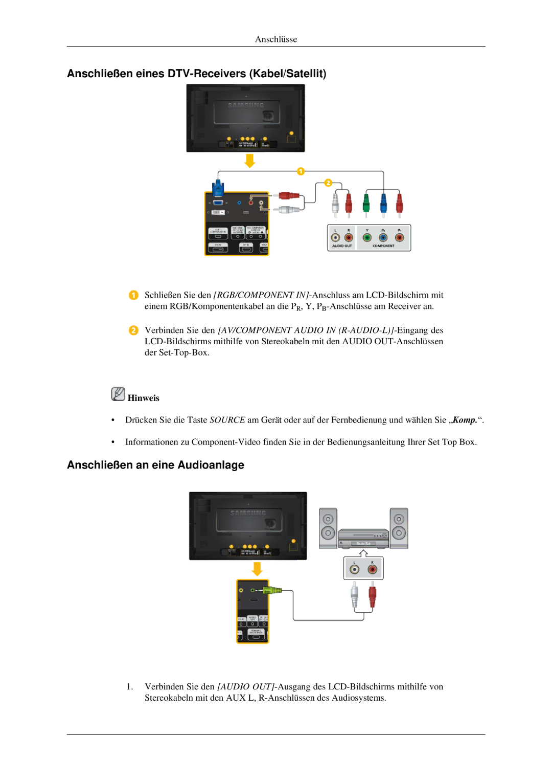 Samsung LH32HBPLBC/EN, LH32HBTLBC/EN manual Anschließen eines DTV-Receivers Kabel/Satellit, Anschließen an eine Audioanlage 