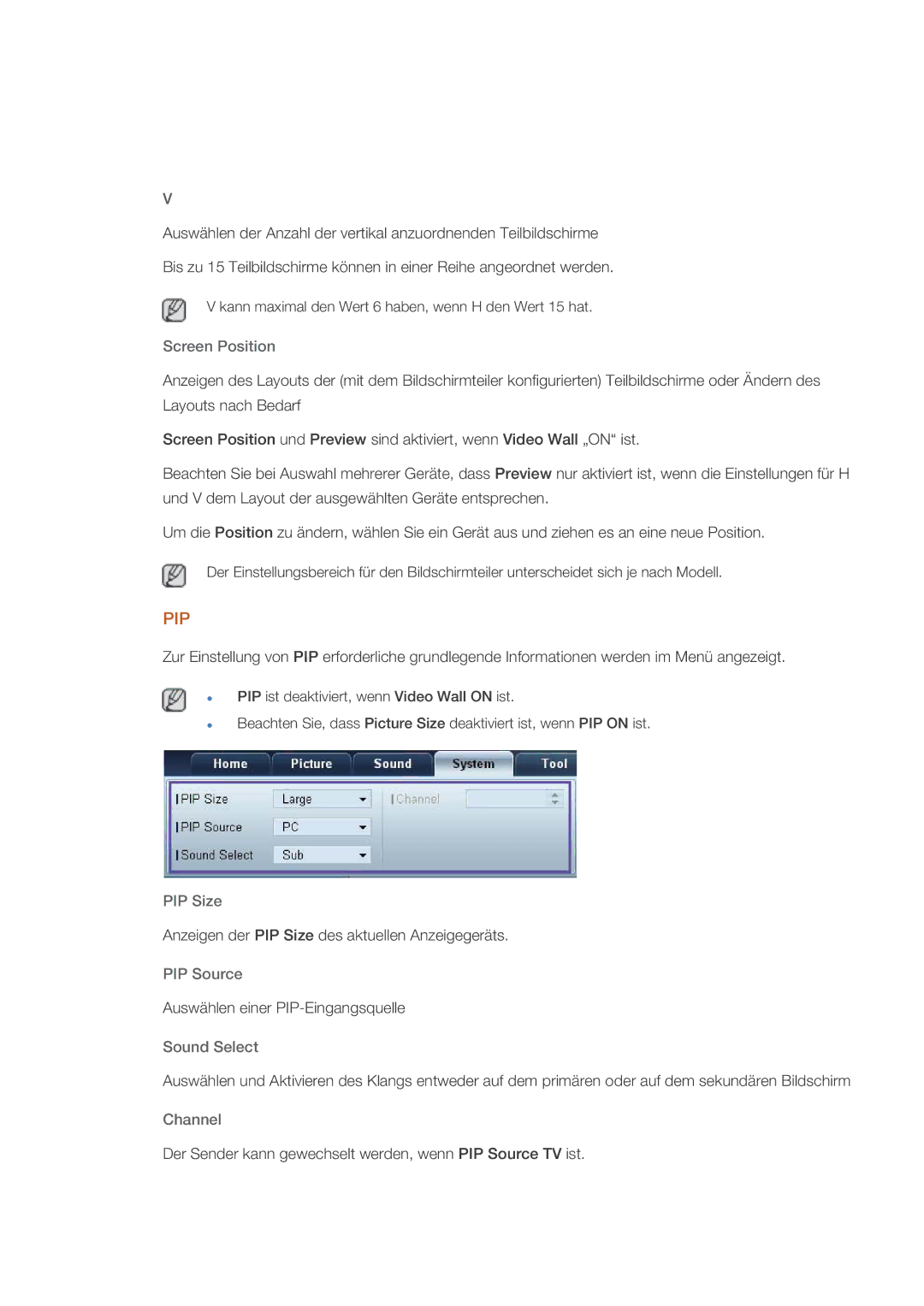 Samsung LH32HBPLBC/EN, LH32HBTLBC/EN, LH32HBSLBC/EN manual Screen Position, PIP Size, PIP Source, Sound Select 