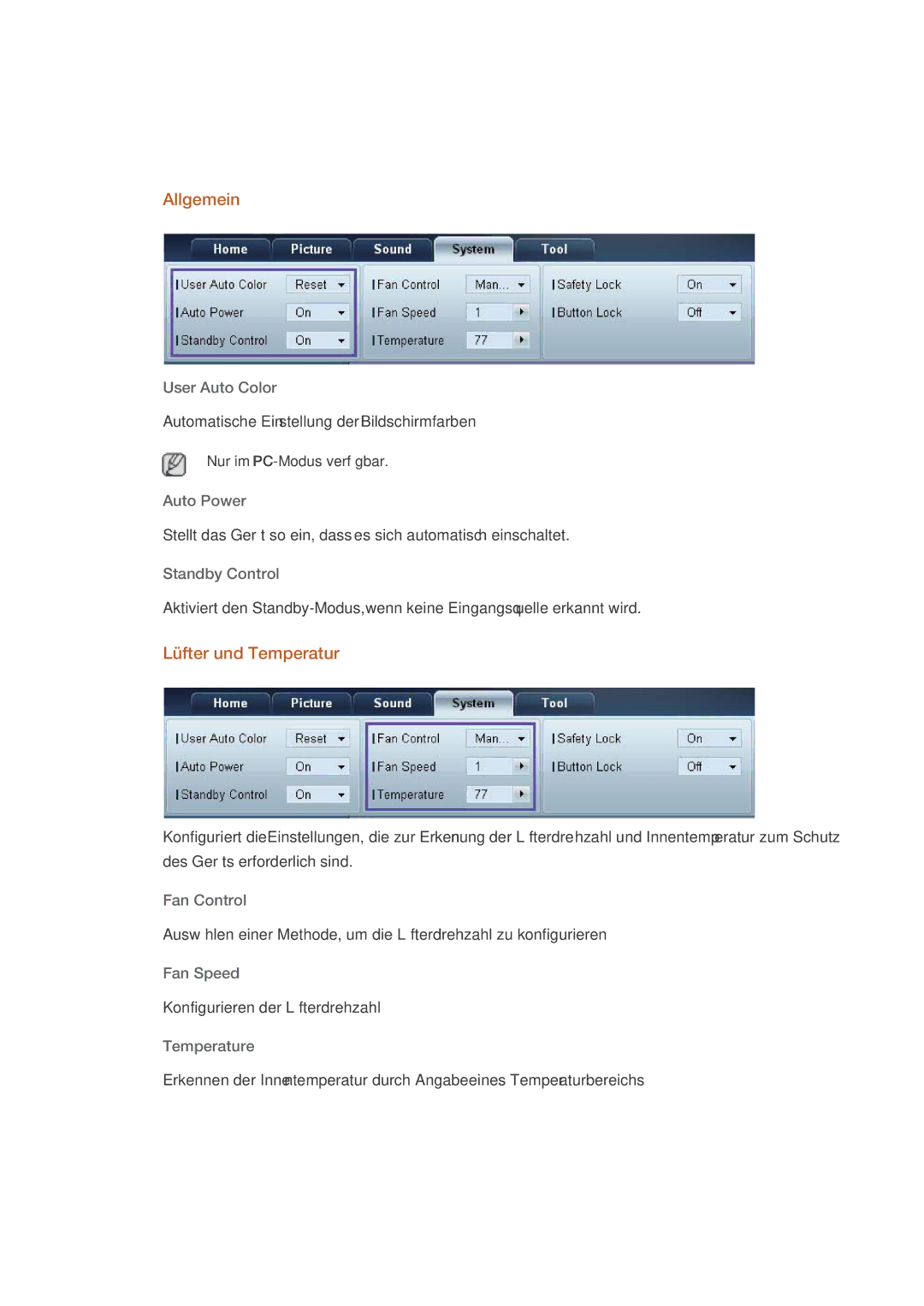 Samsung LH32HBSLBC/EN, LH32HBTLBC/EN, LH32HBPLBC/EN manual Allgemein, Lüfter und Temperatur 