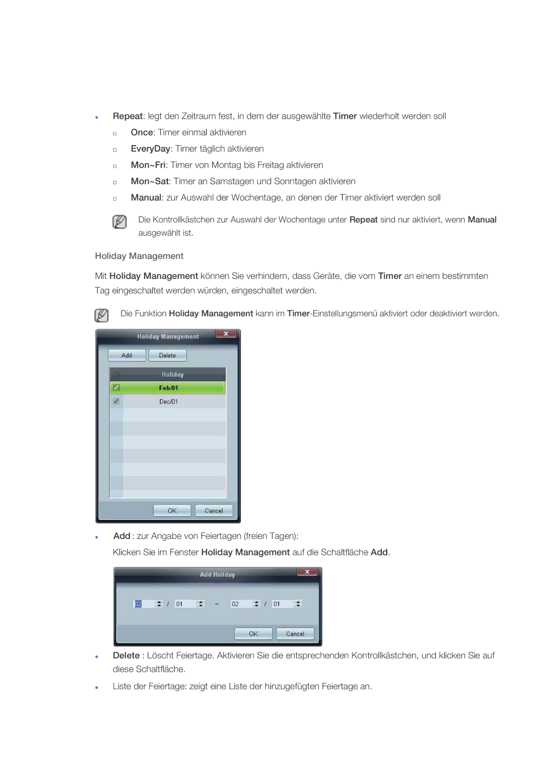 Samsung LH32HBSLBC/EN, LH32HBTLBC/EN, LH32HBPLBC/EN manual Holiday Management 