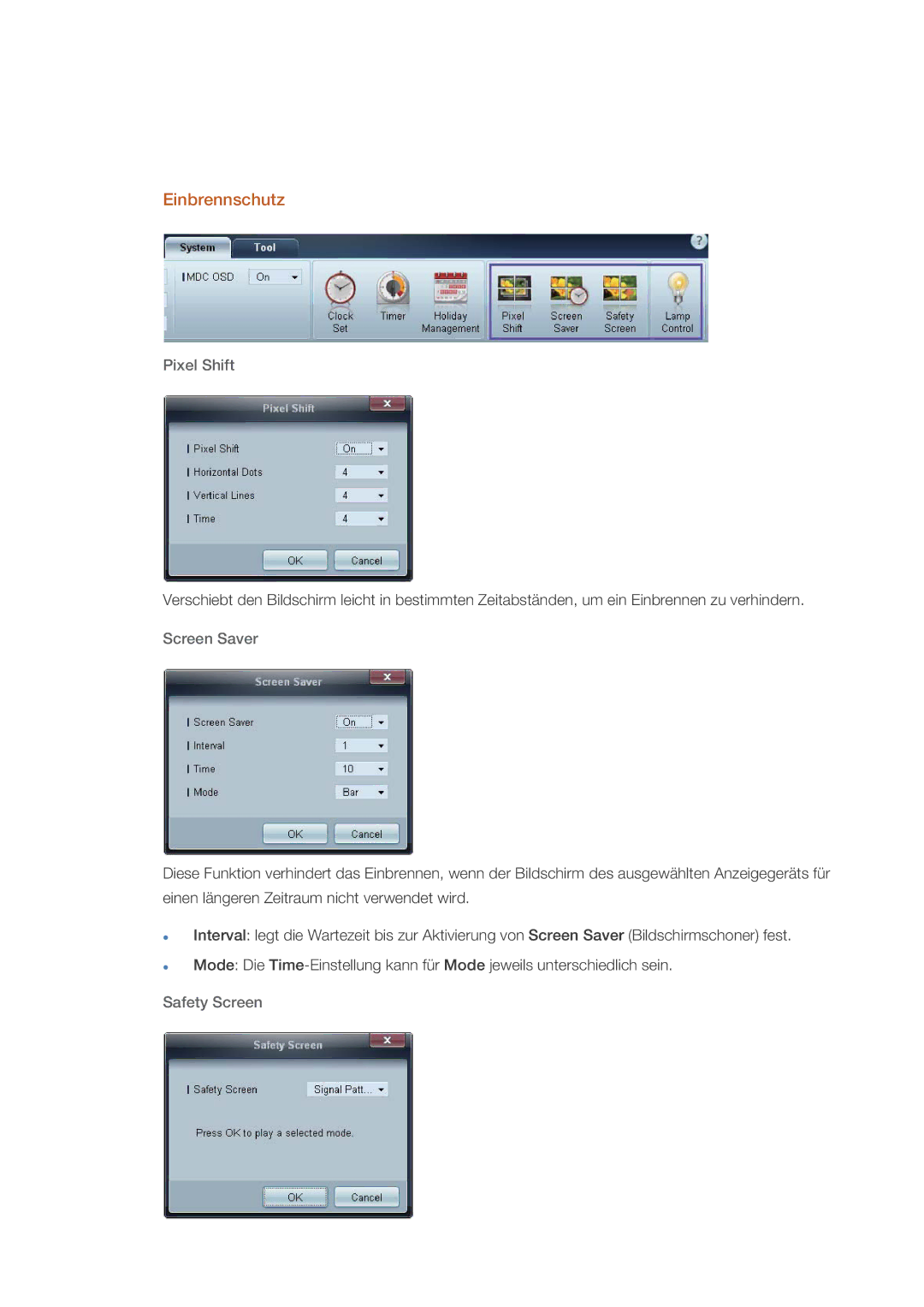 Samsung LH32HBTLBC/EN, LH32HBPLBC/EN, LH32HBSLBC/EN manual Einbrennschutz, Pixel Shift, Screen Saver, Safety Screen 