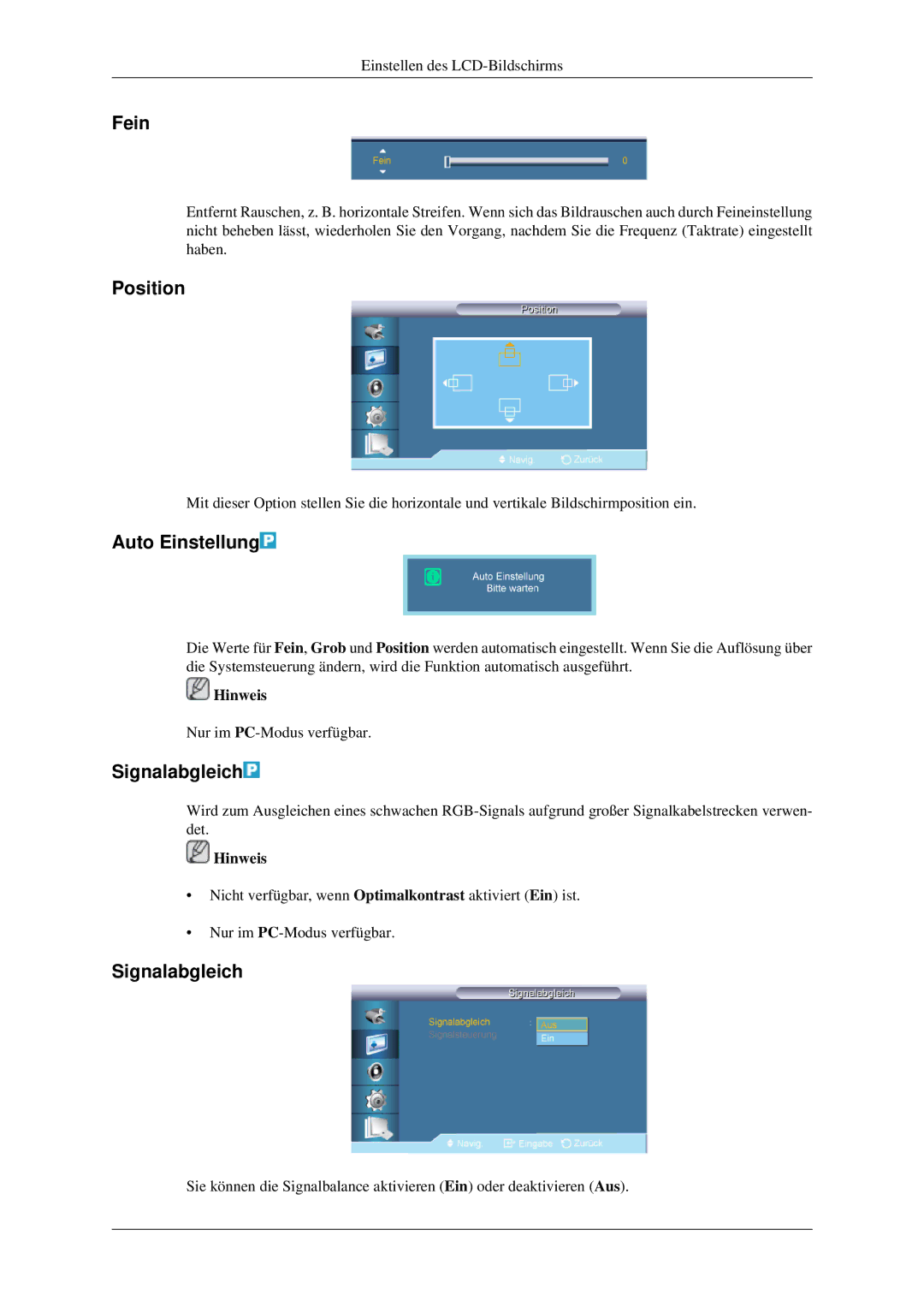 Samsung LH32HBTLBC/EN, LH32HBPLBC/EN, LH32HBSLBC/EN manual Fein, Auto Einstellung, Signalabgleich 