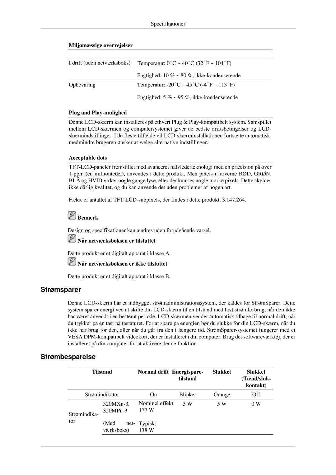 Samsung LH32HBPLBC/EN, LH32HBTLBC/EN, LH32HBSLBC/EN manual Strømsparer, Strømbesparelse 