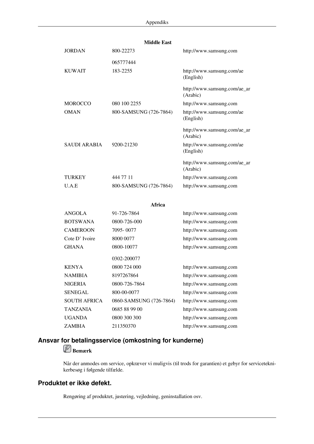 Samsung LH32HBTLBC/EN, LH32HBPLBC/EN Ansvar for betalingsservice omkostning for kunderne, Produktet er ikke defekt, Africa 