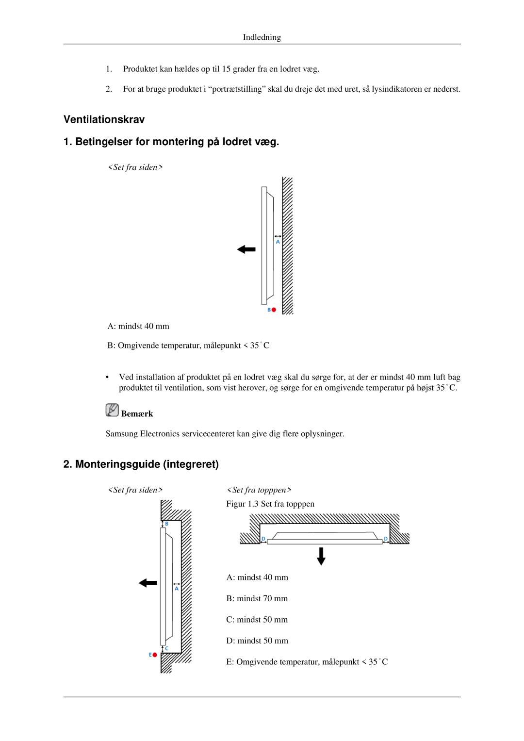 Samsung LH32HBTLBC/EN, LH32HBPLBC/EN Ventilationskrav Betingelser for montering på lodret væg, Monteringsguide integreret 