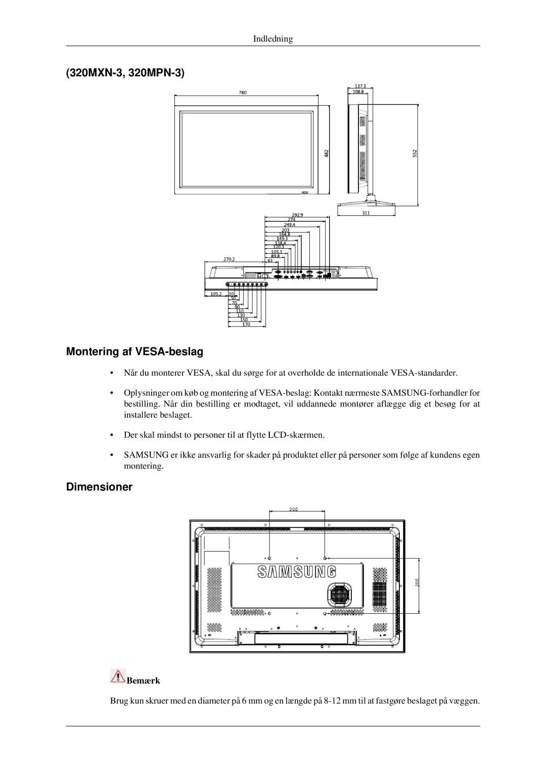 Samsung LH32HBSLBC/EN, LH32HBTLBC/EN, LH32HBPLBC/EN manual 320MXN-3, 320MPN-3 Montering af VESA-beslag, Dimensioner 