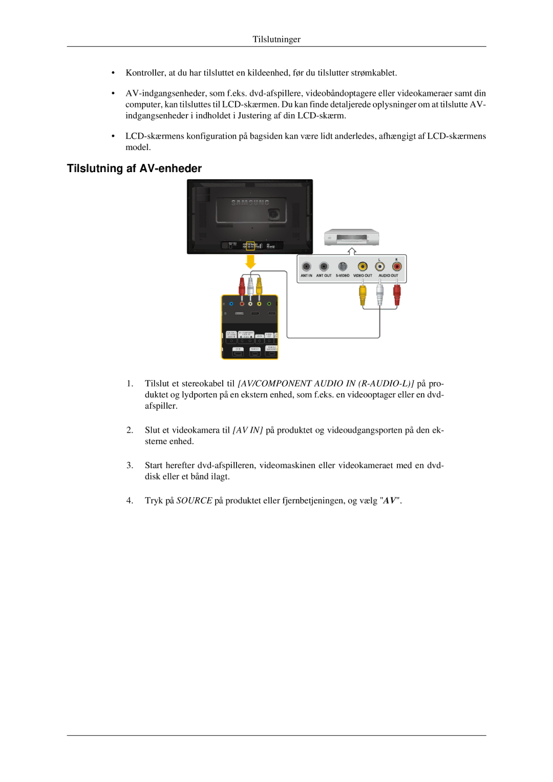 Samsung LH32HBTLBC/EN, LH32HBPLBC/EN, LH32HBSLBC/EN manual Tilslutning af AV-enheder 