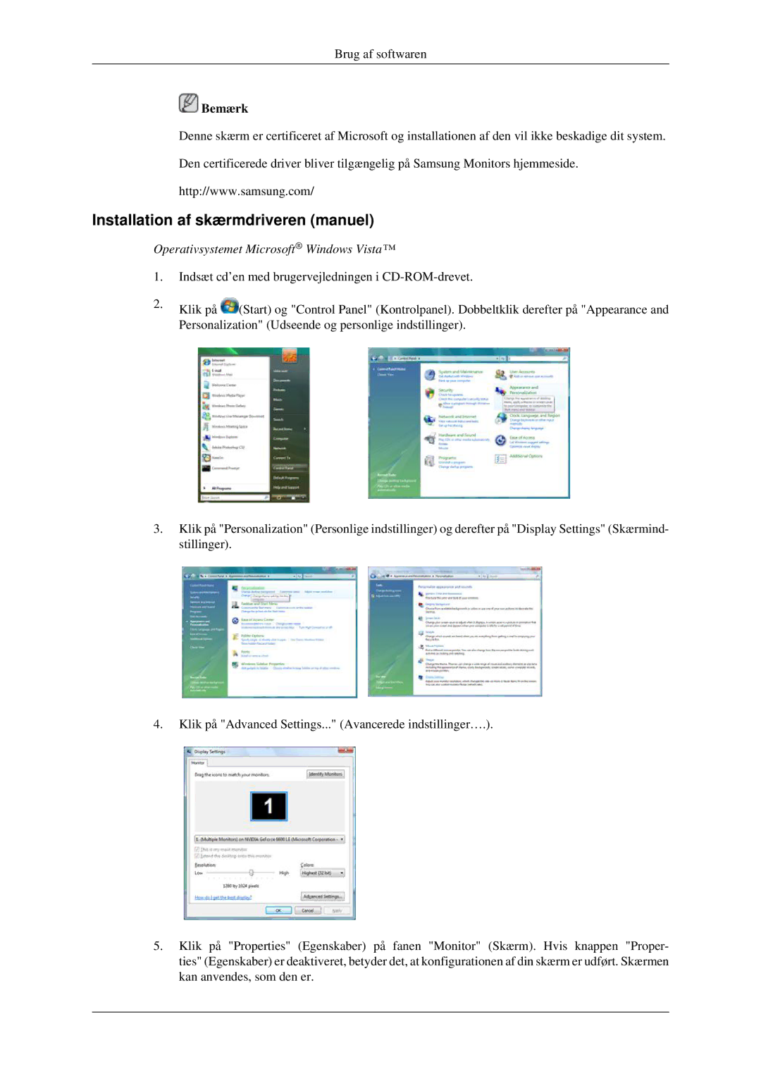 Samsung LH32HBPLBC/EN, LH32HBTLBC/EN manual Installation af skærmdriveren manuel, Operativsystemet Microsoft Windows Vista 