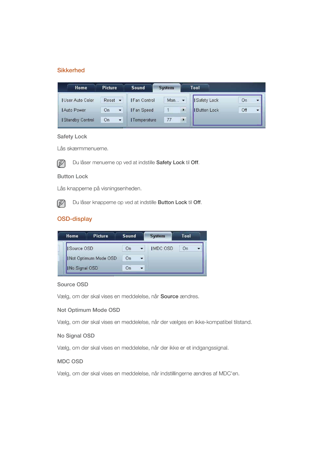 Samsung LH32HBSLBC/EN, LH32HBTLBC/EN, LH32HBPLBC/EN manual Sikkerhed, OSD-display 