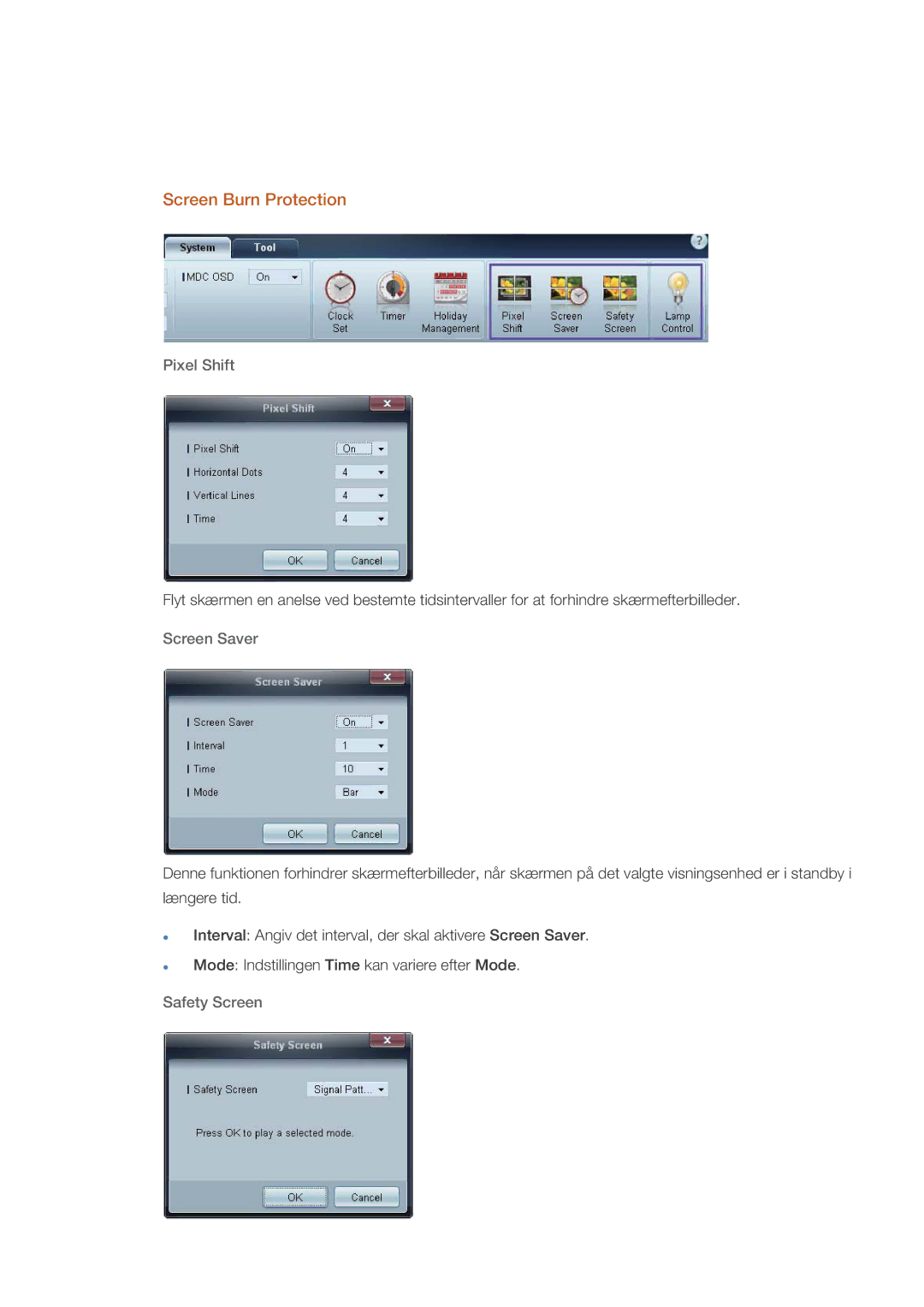 Samsung LH32HBSLBC/EN, LH32HBTLBC/EN, LH32HBPLBC/EN manual Screen Burn Protection, Pixel Shift, Screen Saver, Safety Screen 