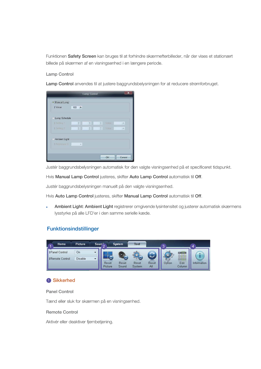 Samsung LH32HBTLBC/EN, LH32HBPLBC/EN, LH32HBSLBC/EN Funktionsindstillinger, Lamp Control, Panel Control, Remote Control 