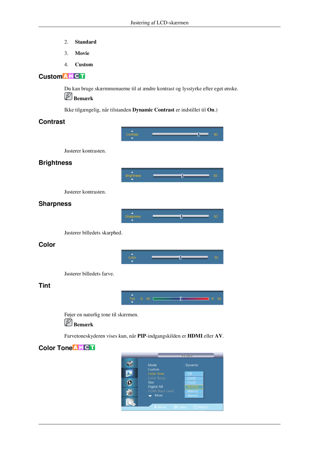 Samsung LH32HBTLBC/EN, LH32HBPLBC/EN, LH32HBSLBC/EN manual Contrast, Brightness, Sharpness, Color, Tint 