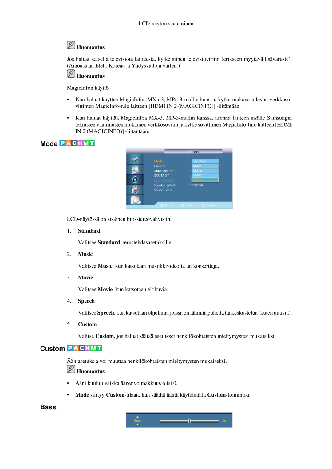 Samsung LH32HBSLBC/EN, LH32HBTLBC/EN, LH32HBPLBC/EN manual Bass, Standard, Music, Speech 